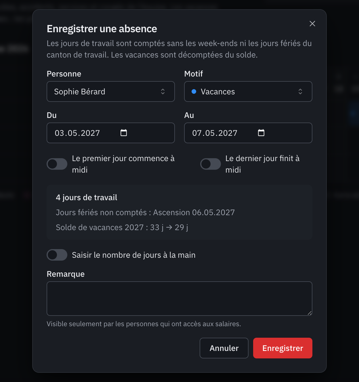Une nouvelle absence de Sophie Bérard, des vacances du lundi au vendredi de la semaine de l’Ascension : 4 jours de travail, l’Ascension non comptée, et le solde de vacances avant et après.