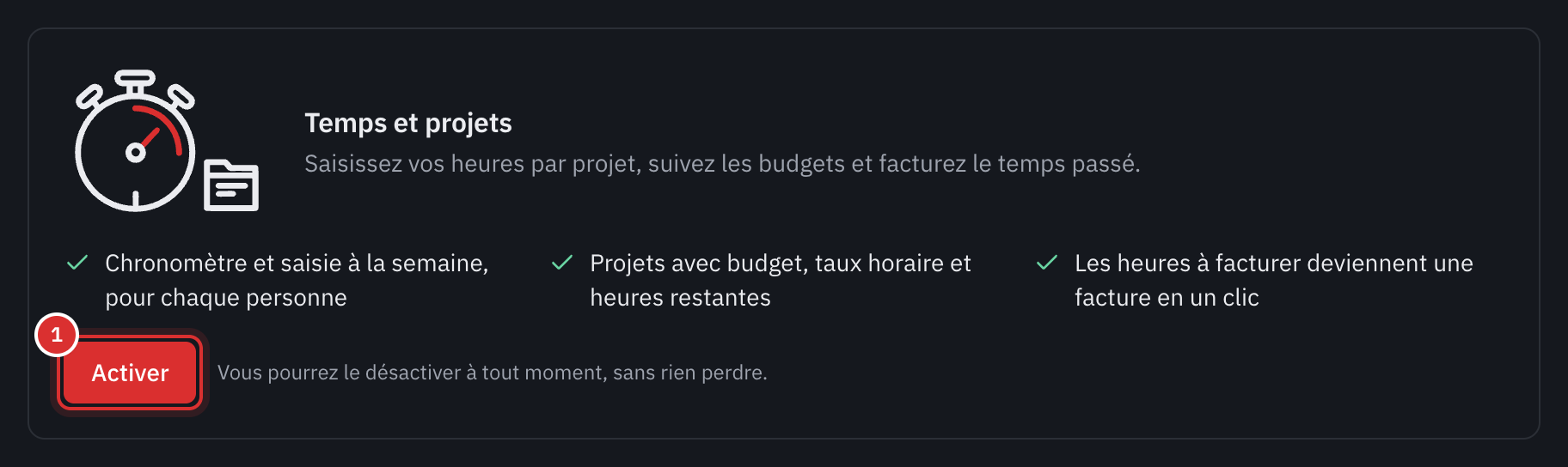 La carte Temps et projets dans Paramètres, Modules, avec le bouton Activer.