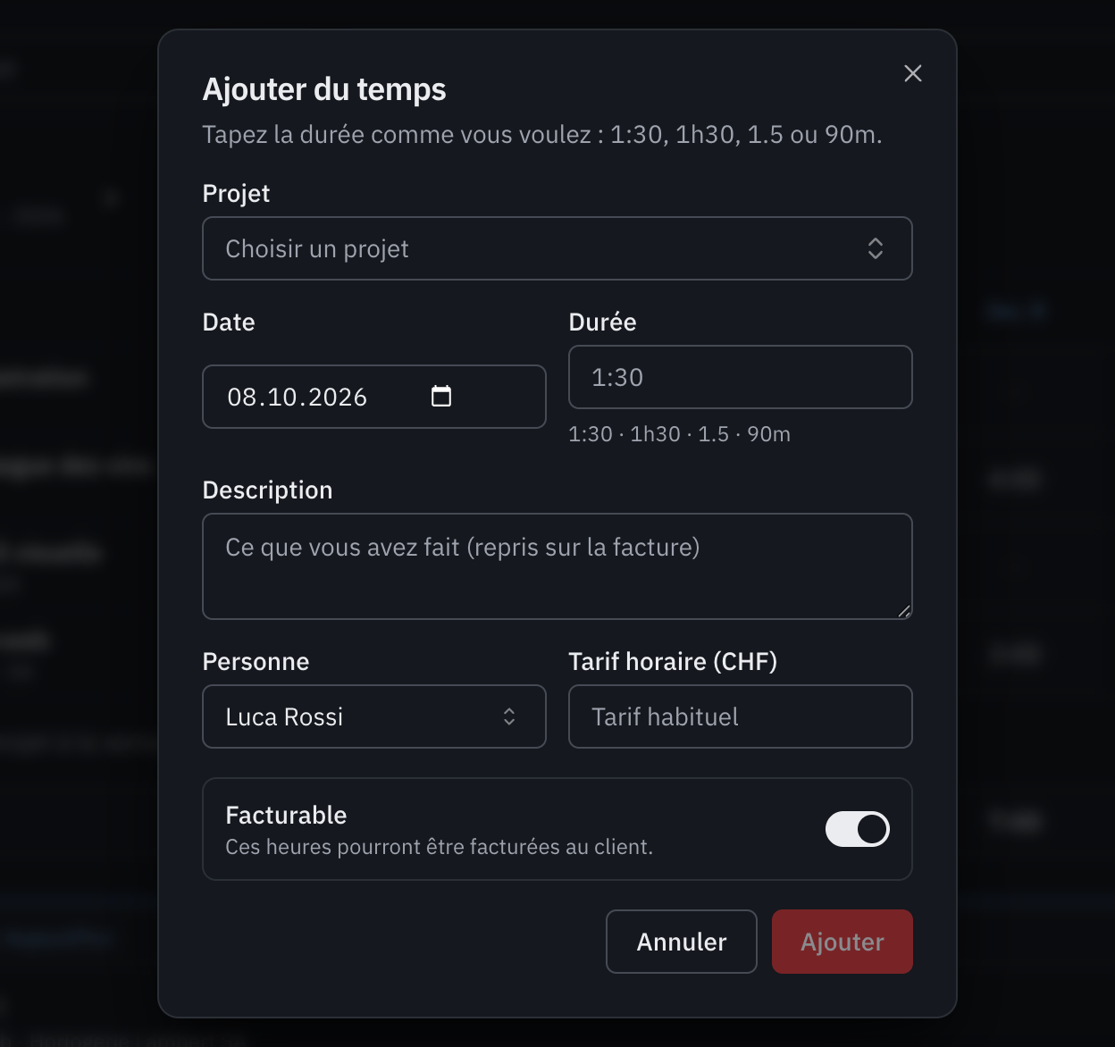 La fenêtre Ajouter du temps : projet, date, durée, description, personne, tarif horaire et facturable.