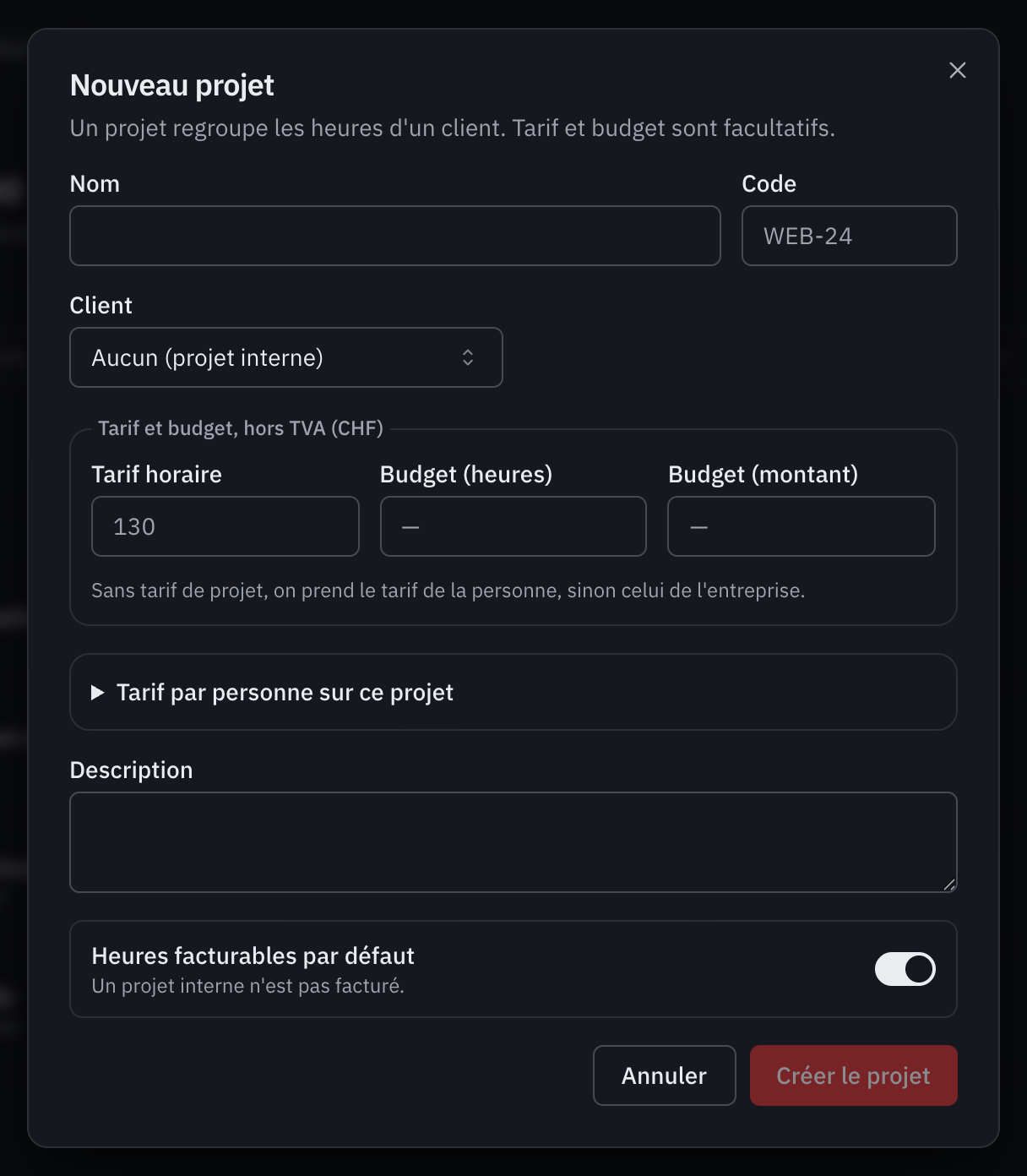 La fenêtre Nouveau projet : nom, code, client, tarif et budget, tarif par personne, description et heures facturables par défaut.