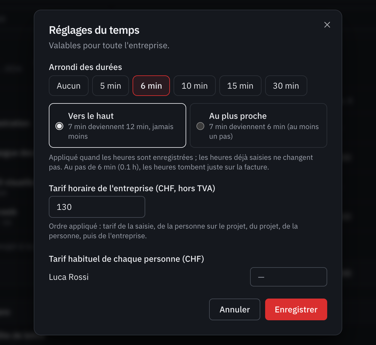 La fenêtre Réglages du temps : l’arrondi des durées, le sens de l’arrondi, le tarif horaire de l’entreprise et le tarif de chaque personne.
