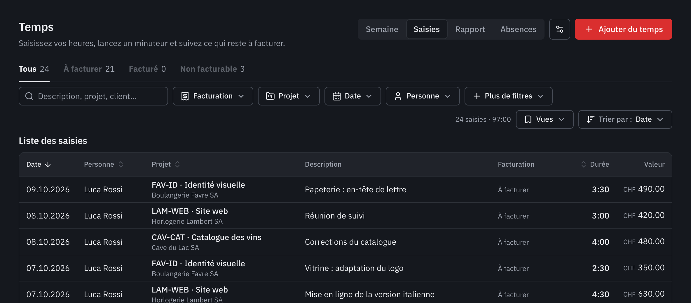 L’onglet Saisies : les onglets Tous, À facturer, Facturé et Non facturable, les filtres et la liste des saisies avec leur valeur.