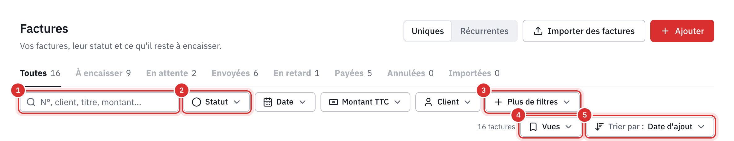La barre d’outils de la liste des factures : la recherche, les filtres Statut, Date, Montant TTC et Client, Plus de filtres, Vues et Trier par.