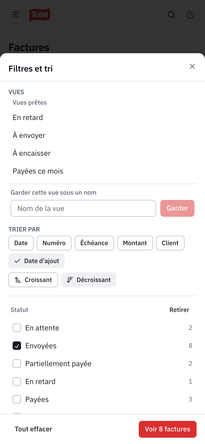 Le panneau Filtres et tri sur un téléphone : les vues, le tri et le filtre Statut, avec le bouton Voir 7 factures.