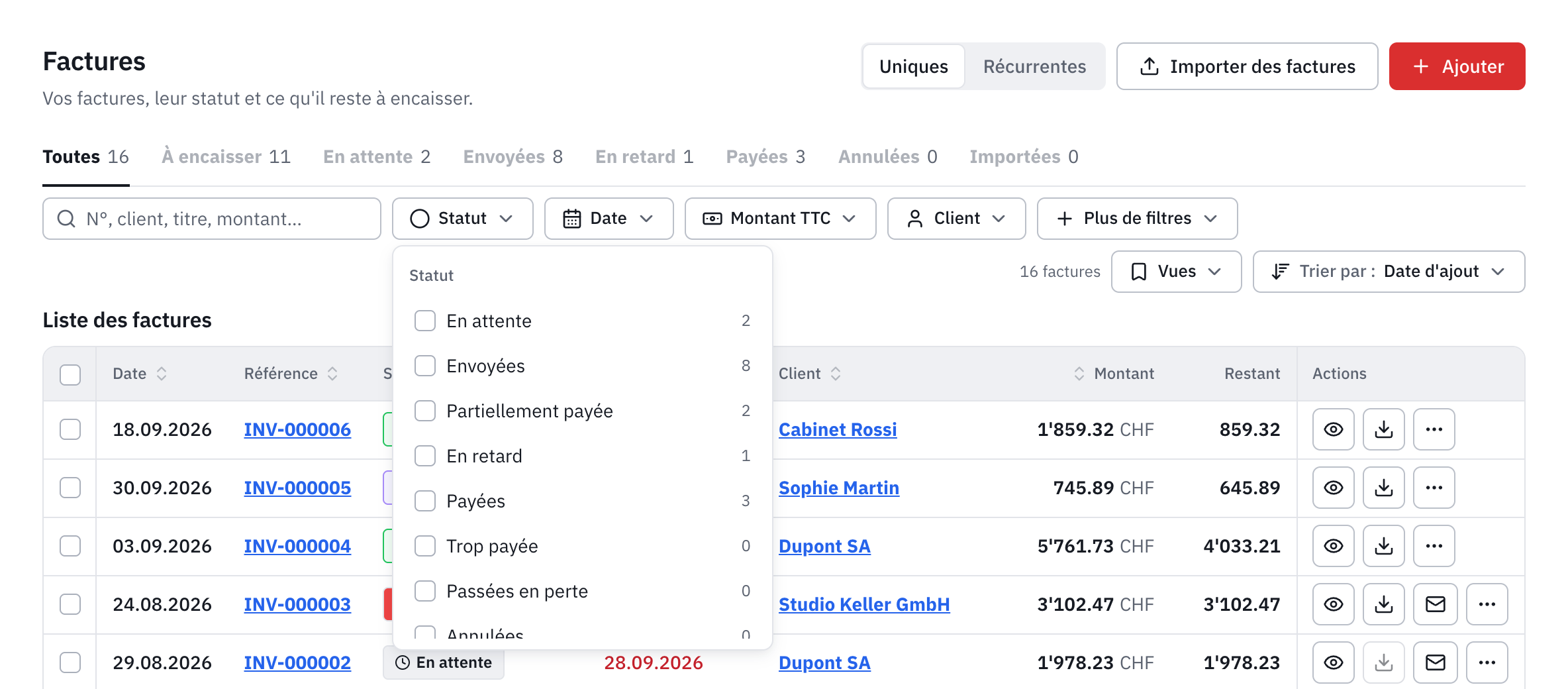 Le filtre Statut ouvert : En attente, Envoyées, Partiellement payée, En retard, Payées, avec leur nombre.