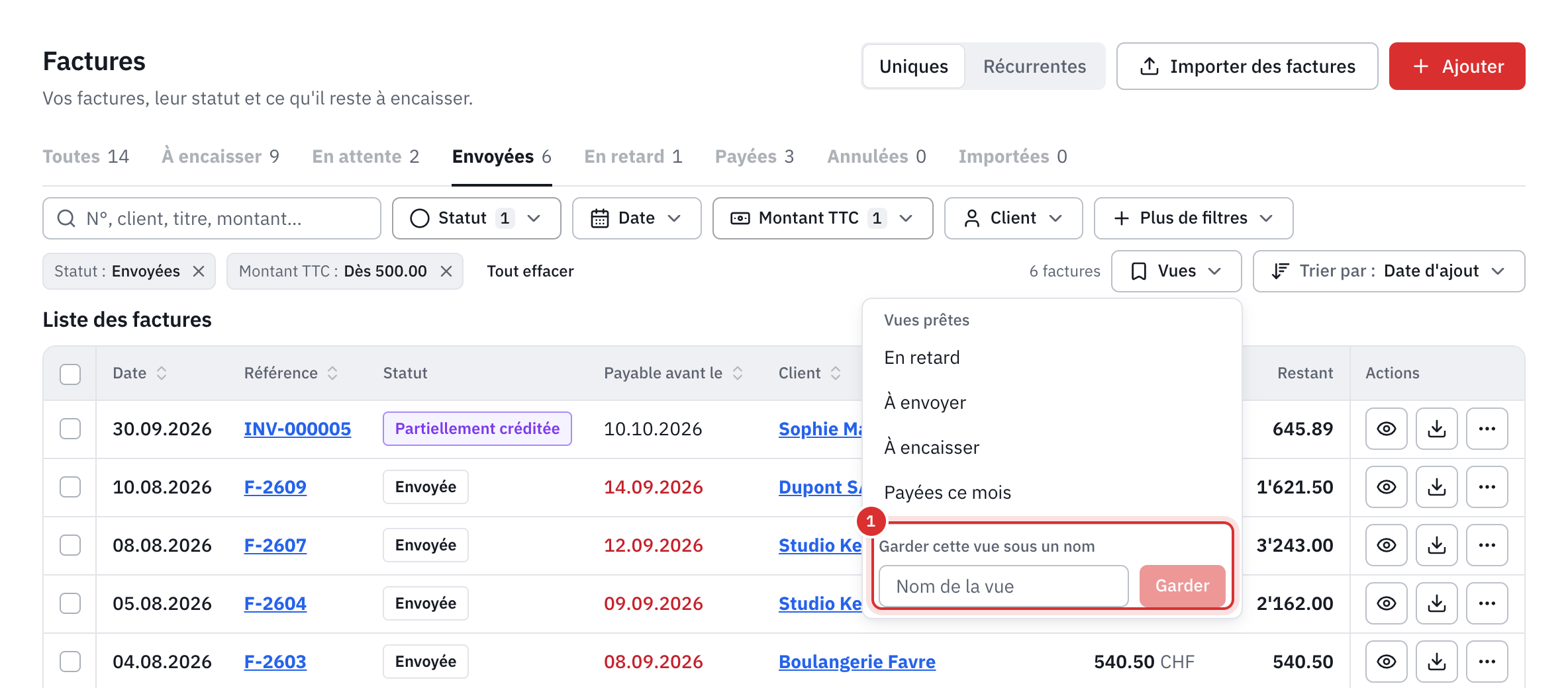 Le menu Vues : les vues prêtes et le champ Nom de la vue avec le bouton Garder.
