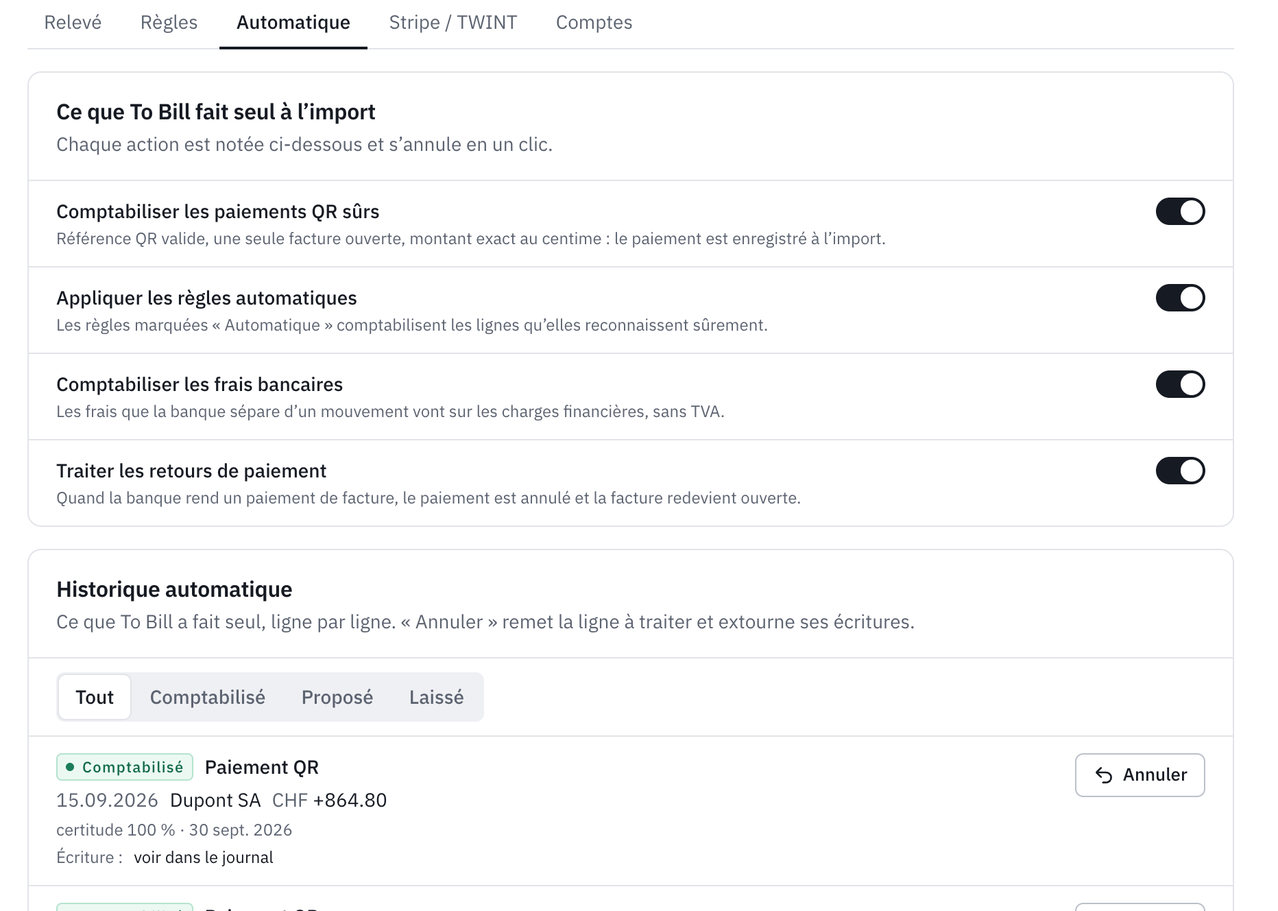 L’onglet Automatique : les quatre interrupteurs, tous activés, puis l’historique automatique avec un paiement QR comptabilisé et son bouton Annuler.