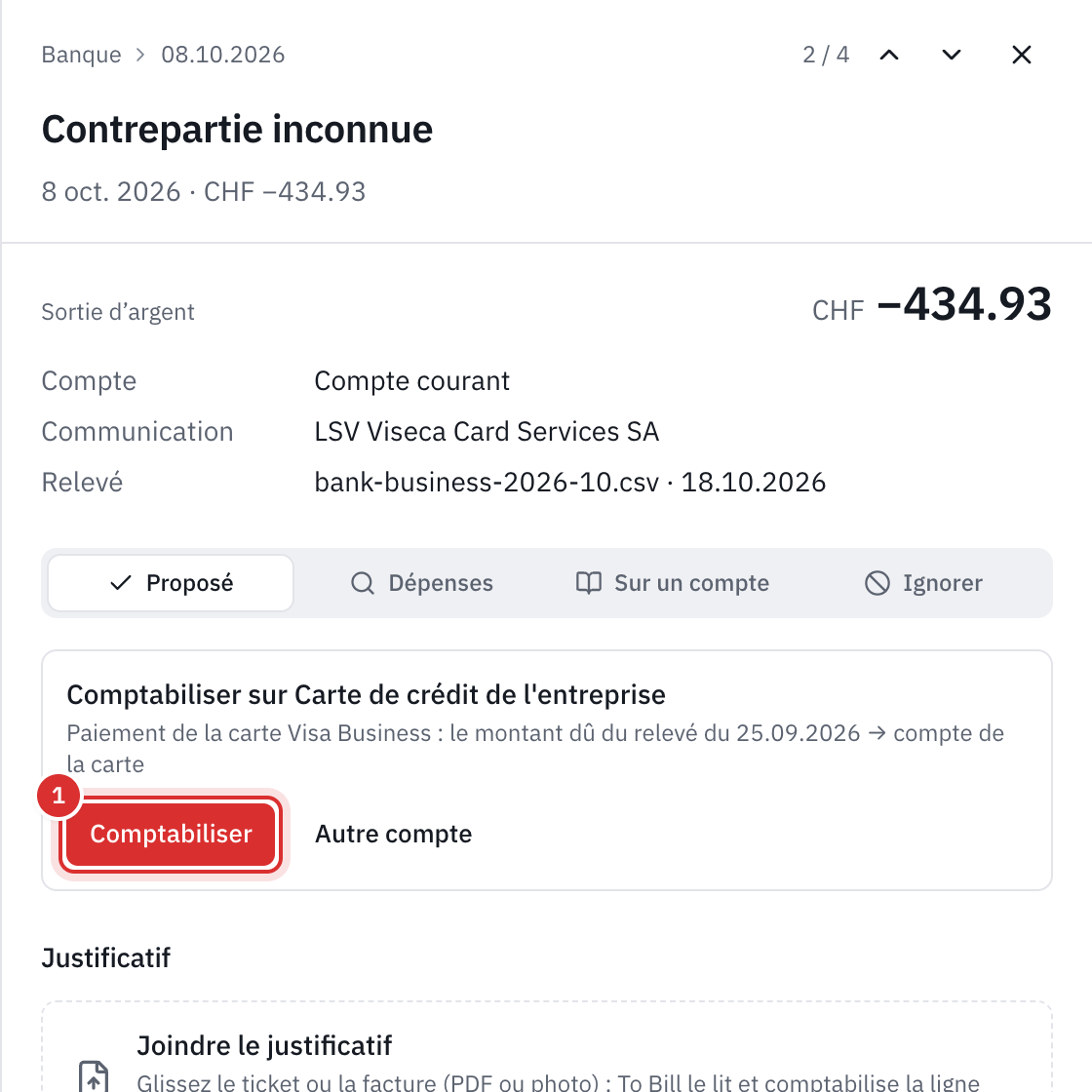 Le panneau d’une ligne bancaire de 434.93, LSV Viseca Card Services SA : la proposition Comptabiliser sur Carte de crédit de l’entreprise, paiement de la carte Visa Business, le montant dû du relevé du 25.09.2026, et le bouton Comptabiliser.