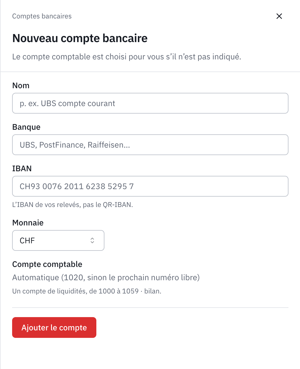 Le formulaire Nouveau compte bancaire : le nom, la banque, l’IBAN, la monnaie, le compte comptable automatique et le bouton Ajouter le compte.