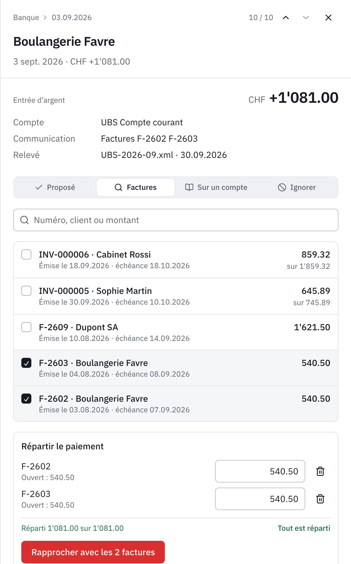 Le choix Factures : F-2603 et F-2602 de Boulangerie Favre cochées, le paiement réparti, 540.50 chacune, et le bouton Rapprocher avec les 2 factures.