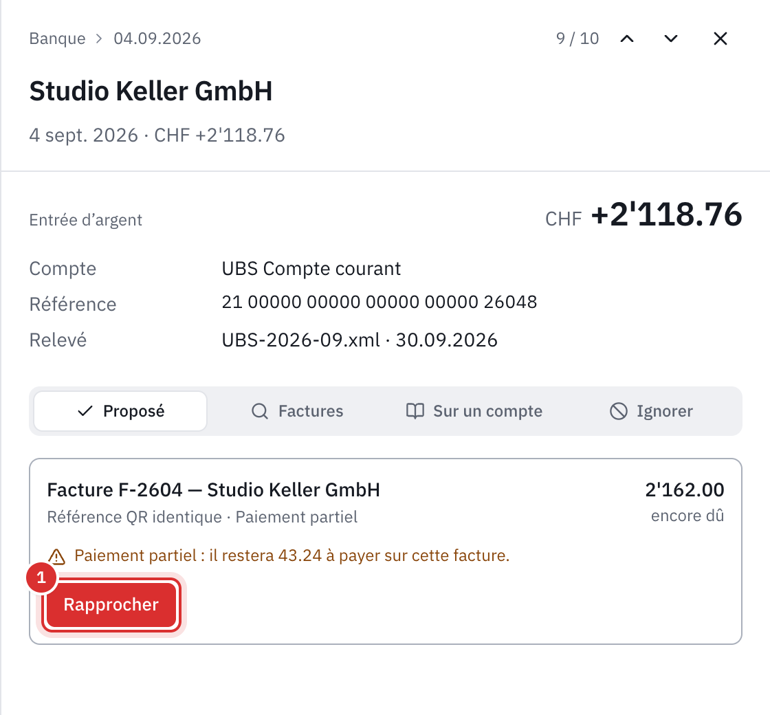 Une ligne ouverte : Studio Keller GmbH, CHF 2’118.76, avec la proposition Facture F-2604, paiement partiel, il restera 43.24 à payer, et le bouton Rapprocher.