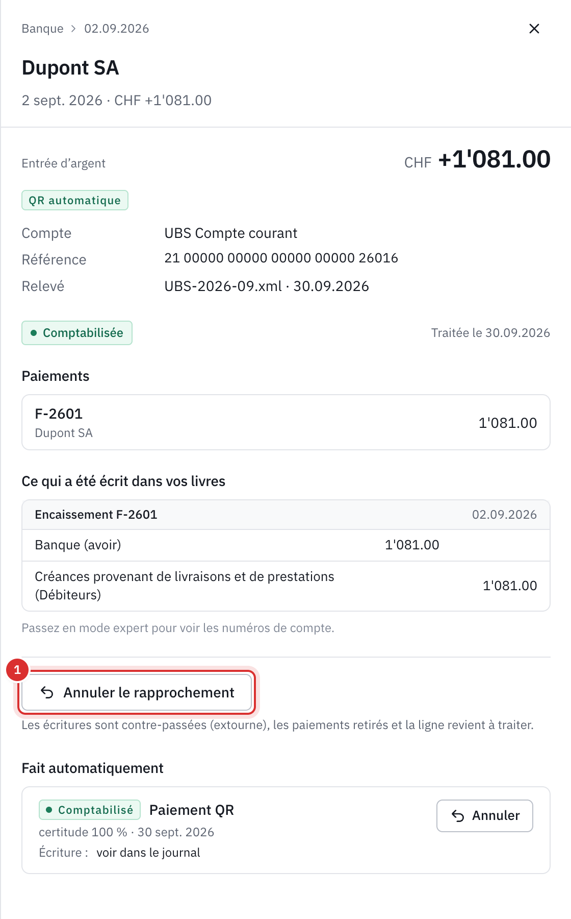 Une ligne rapprochée automatiquement par sa référence QR : le paiement de la facture F-2601, l’écriture Banque contre Débiteurs, et le bouton Annuler le rapprochement.