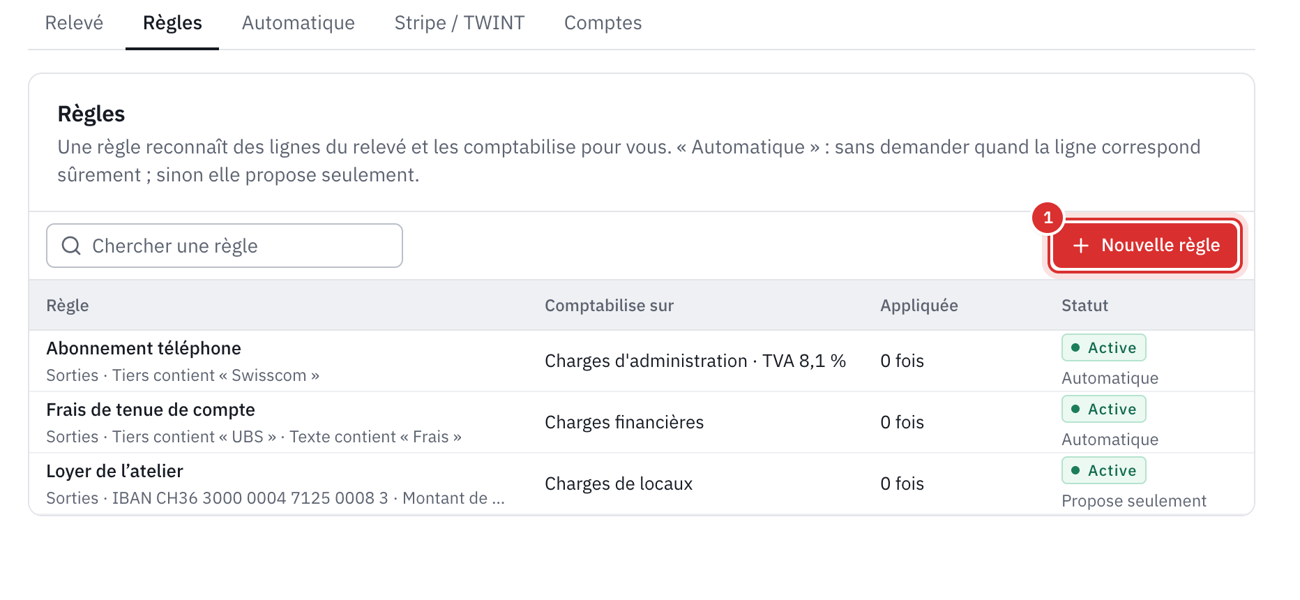 L’onglet Règles : trois règles, Abonnement téléphone, Frais de tenue de compte et Loyer de l’atelier, avec ce qu’elles reconnaissent, le compte où elles comptabilisent, le nombre d’applications et leur statut.