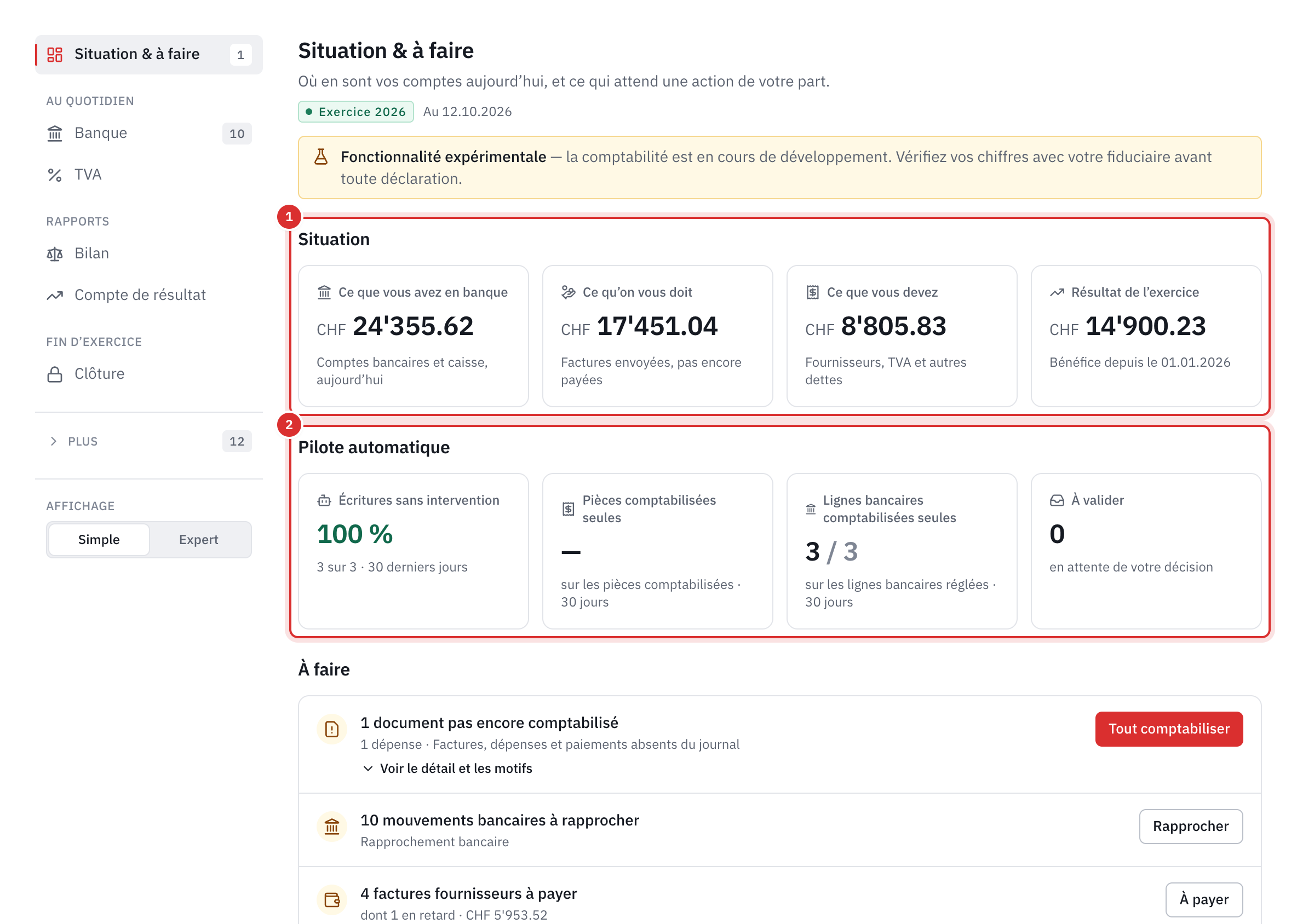 La page Situation et à faire : quatre chiffres de la situation, le pilote automatique et le début de la liste À faire.