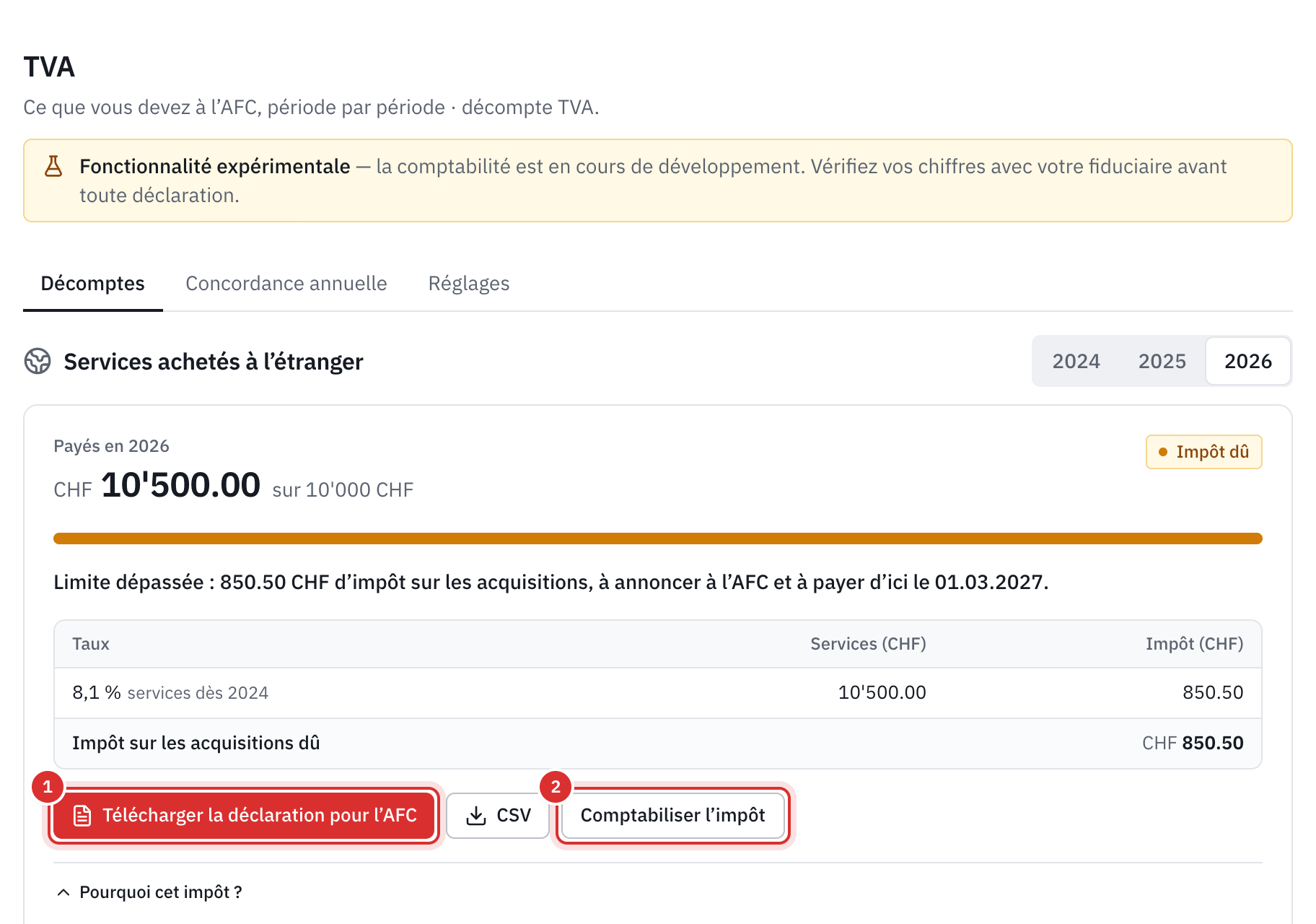 Le cadre Services achetés à l’étranger : CHF 10’500 payés en 2026 sur une limite de CHF 10’000, l’impôt dû de CHF 850.50 et les boutons Télécharger la déclaration pour l’AFC et Comptabiliser l’impôt.