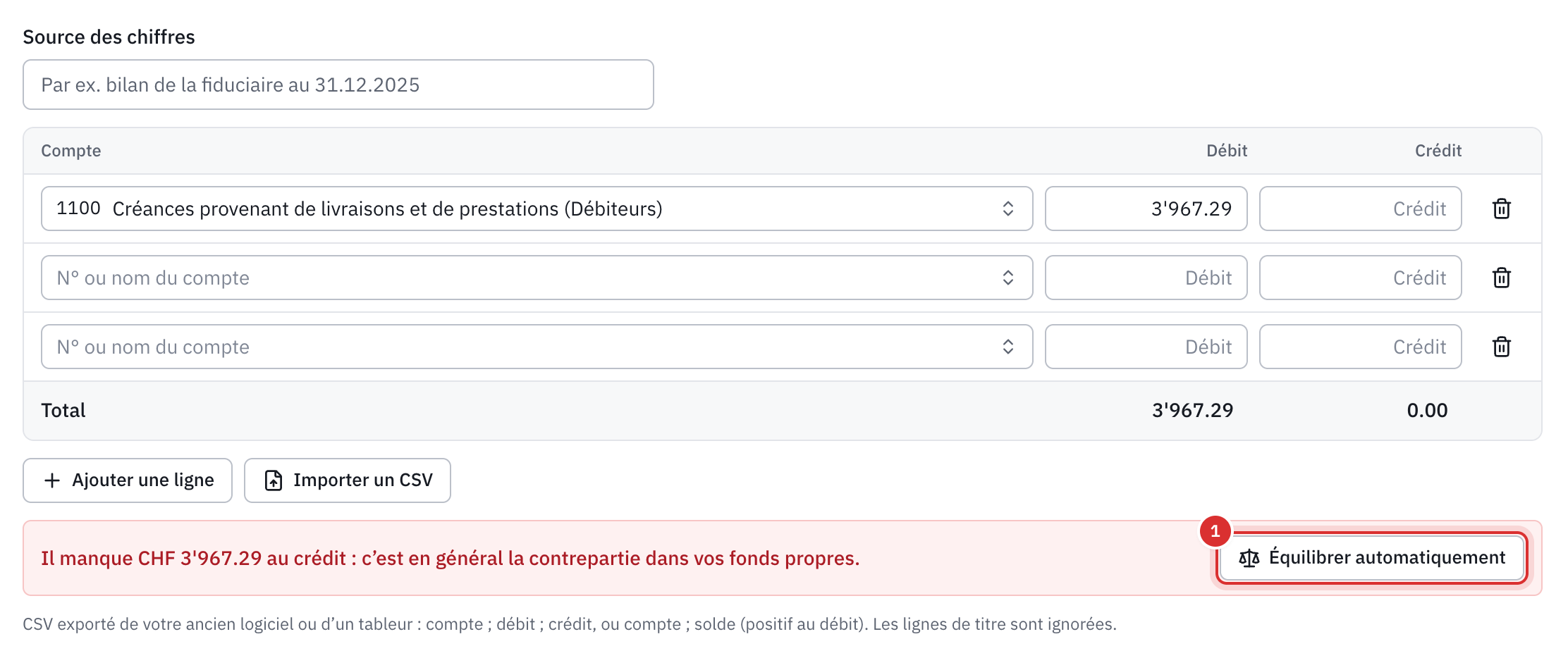 Le bilan d’ouverture avec la seule ligne des factures ouvertes : le message qui indique le montant manquant au crédit et le bouton Équilibrer automatiquement.