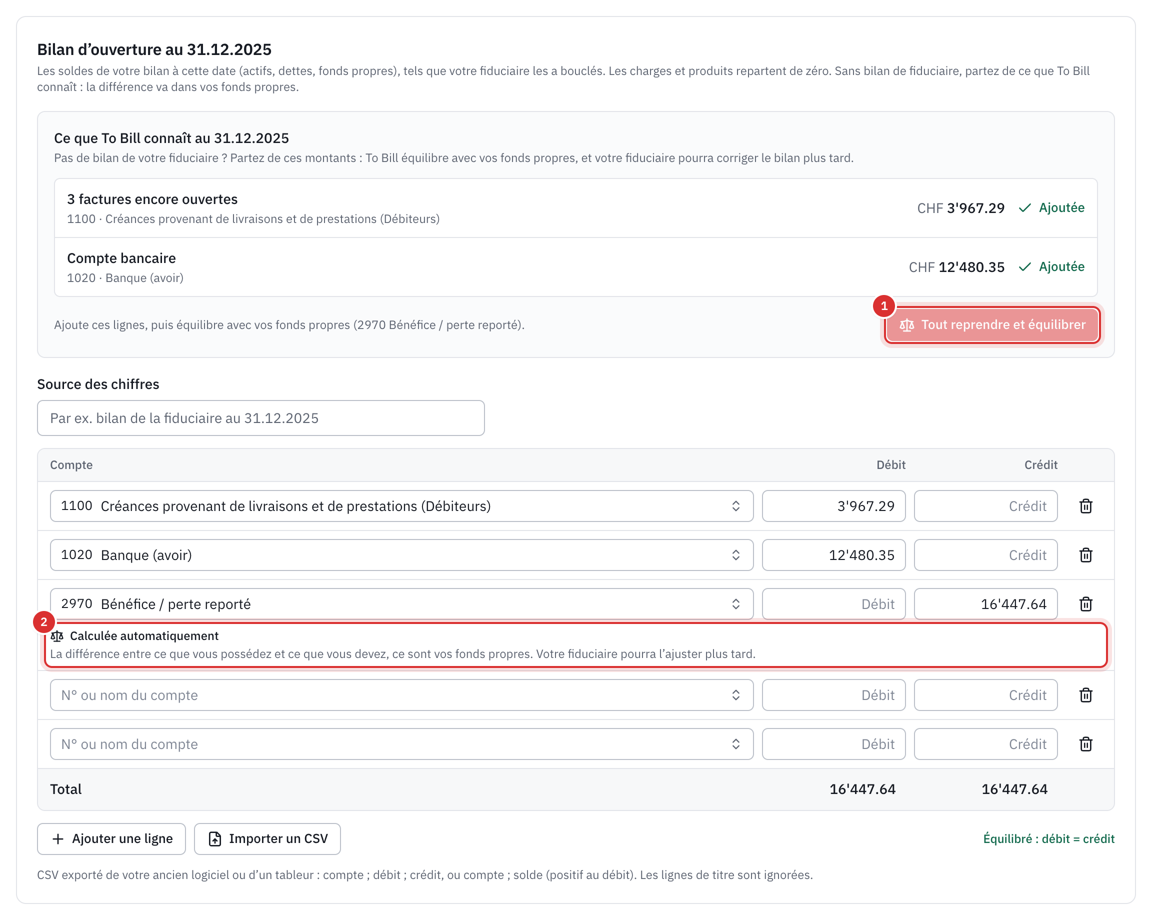 Le bilan d’ouverture repris de ce que To Bill connaît : les factures ouvertes sur le compte 1100, le compte bancaire sur le compte 1020 et la ligne 2970 calculée automatiquement qui l’équilibre.