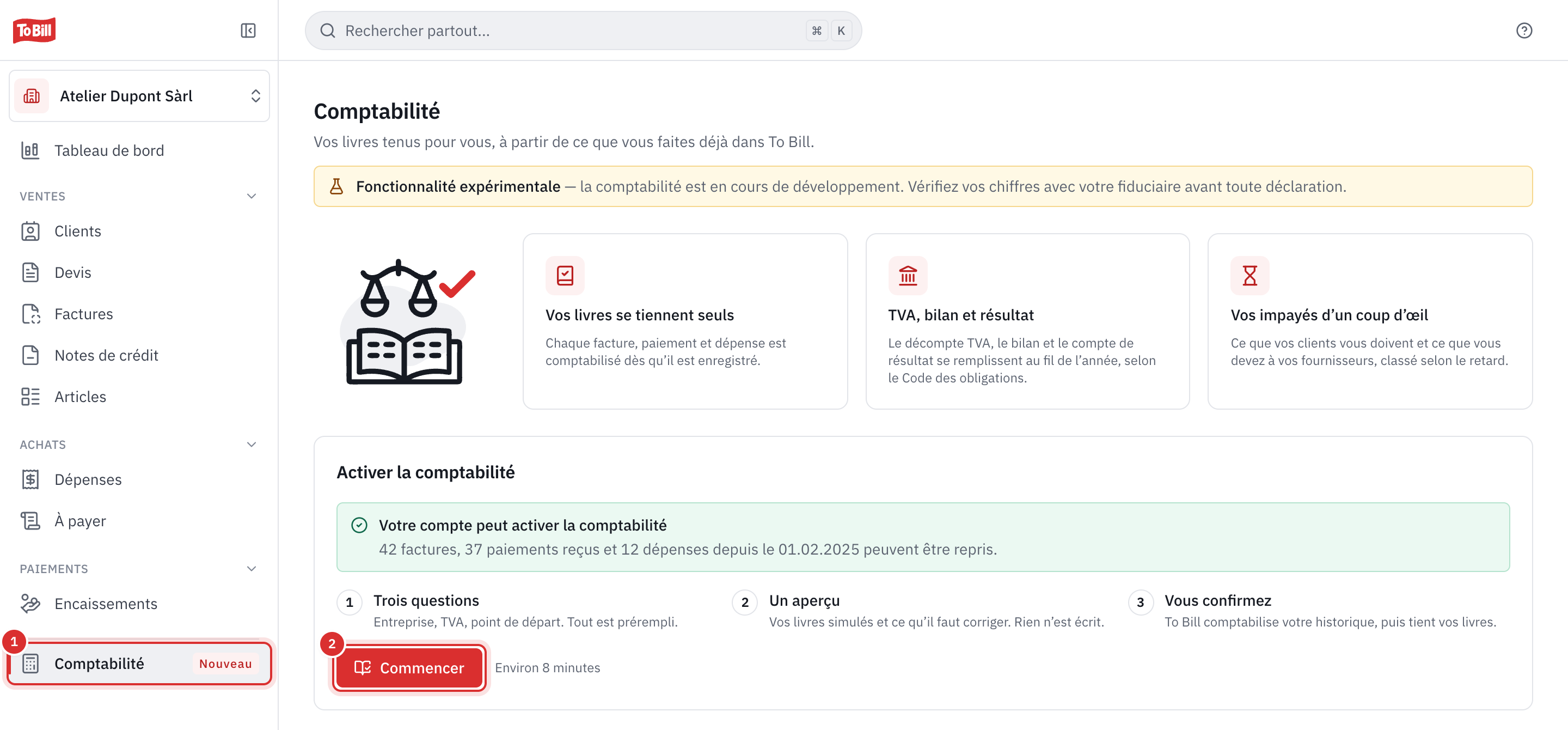 La page Comptabilité avant l’activation : le menu Comptabilité marqué Nouveau et le bouton Commencer.