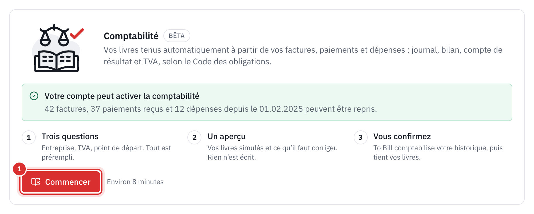 La carte Comptabilité dans Paramètres, Modules, avec le bouton Commencer.