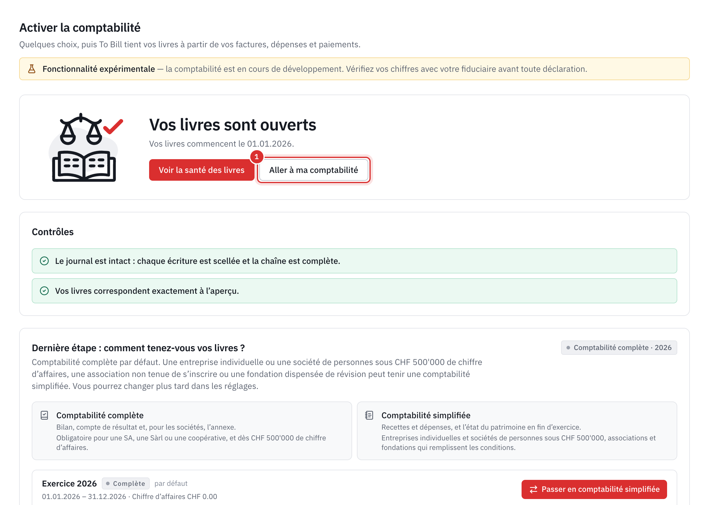 L’écran Vos livres sont ouverts, avec les contrôles et le choix de la tenue des livres.