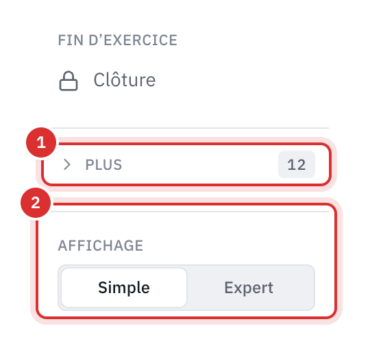 Le bas du menu de la comptabilité : le groupe Plus replié, avec le nombre de pièces qui y attendent, et le choix d’affichage Simple ou Expert.
