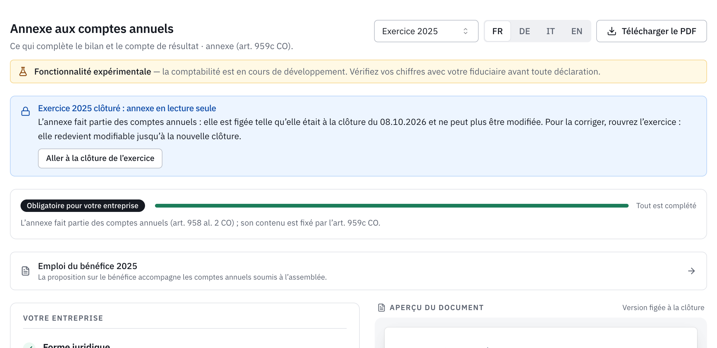 L’annexe 2025 après la clôture : le message Exercice 2025 clôturé, annexe en lecture seule, avec le lien Aller à la clôture de l’exercice.