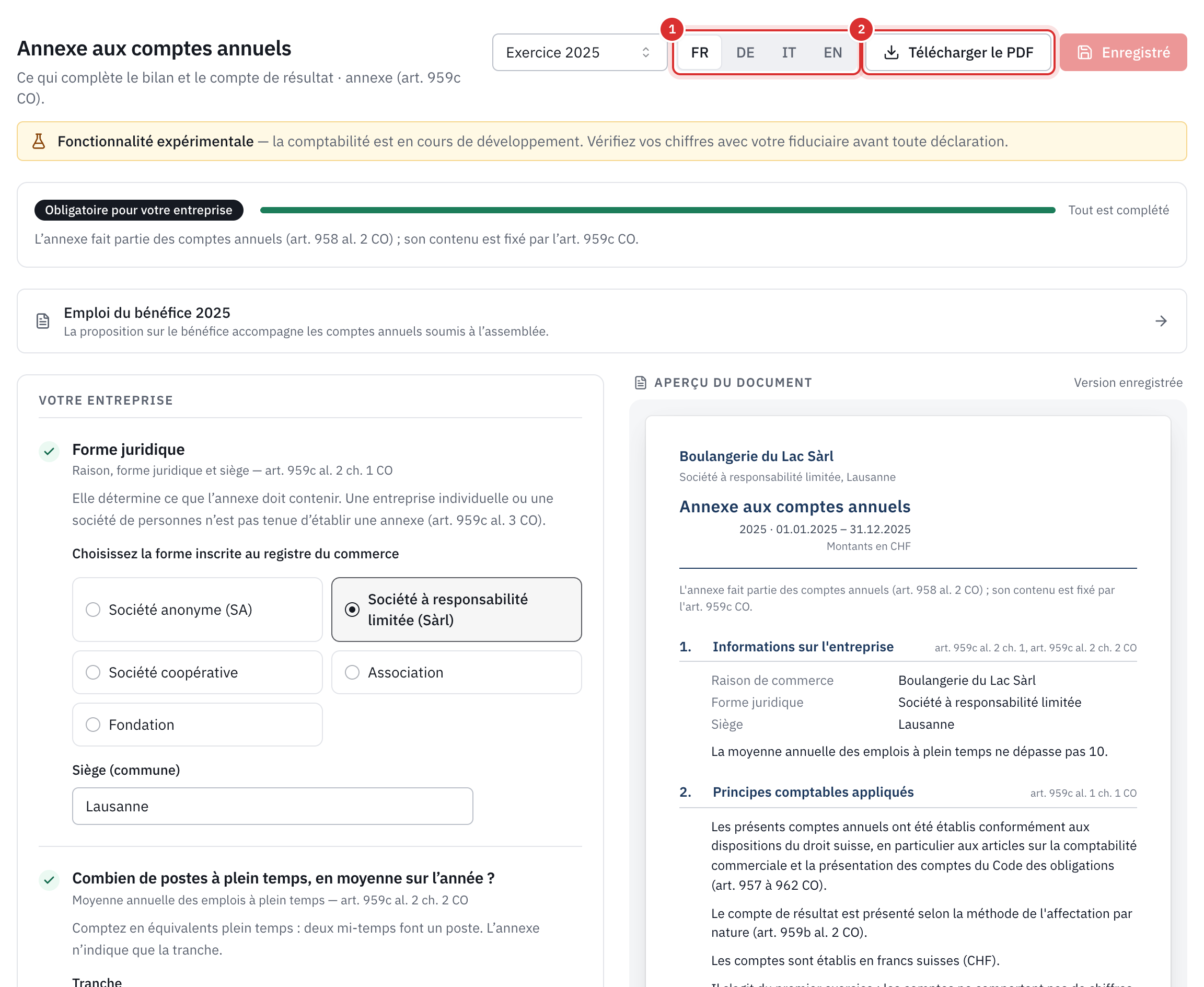 L’annexe 2025 : la langue du document, le bouton Télécharger le PDF, la barre Tout est complété, les questions sur l’entreprise à gauche et l’aperçu du document à droite.