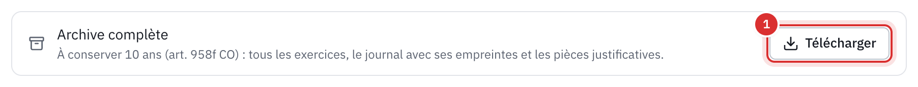 La ligne Archive complète de la page Exports, à conserver dix ans, avec son bouton Télécharger.