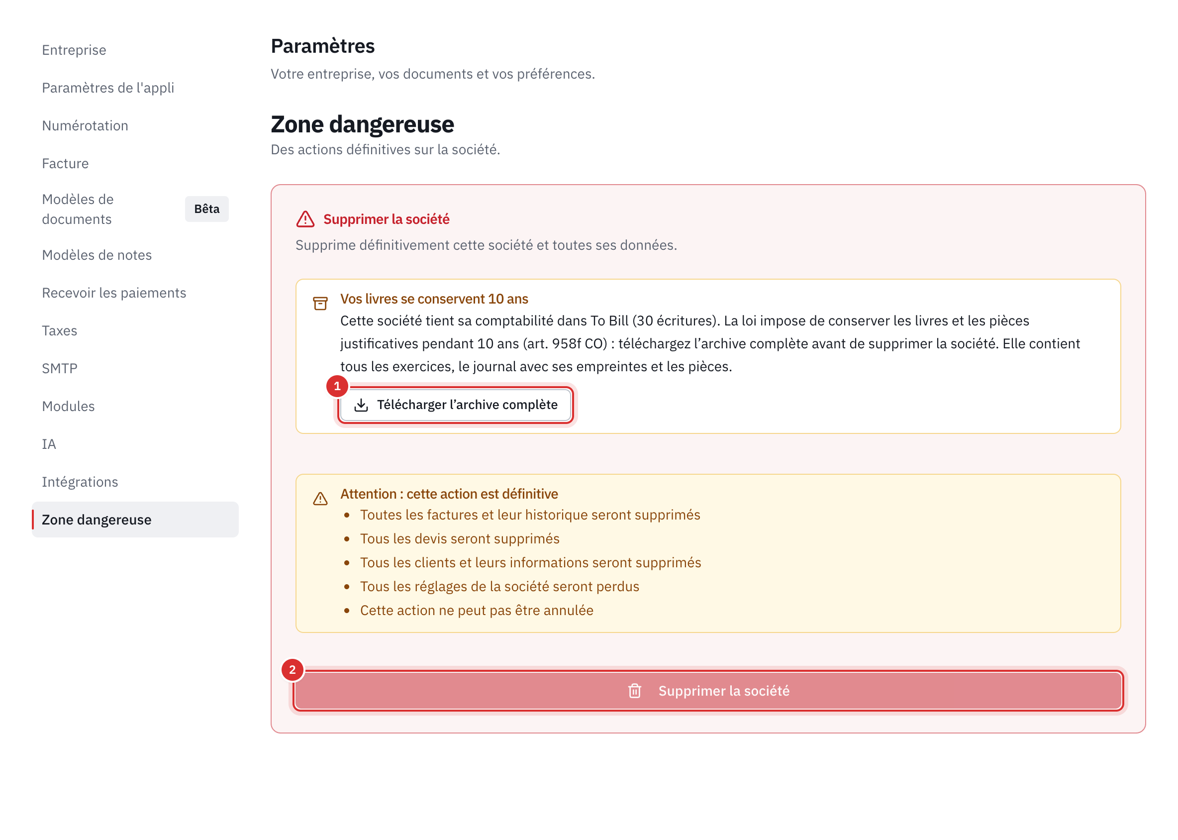La zone dangereuse : l’encadré Vos livres se conservent 10 ans avec le bouton Télécharger l’archive complète, et le bouton Supprimer la société désactivé.