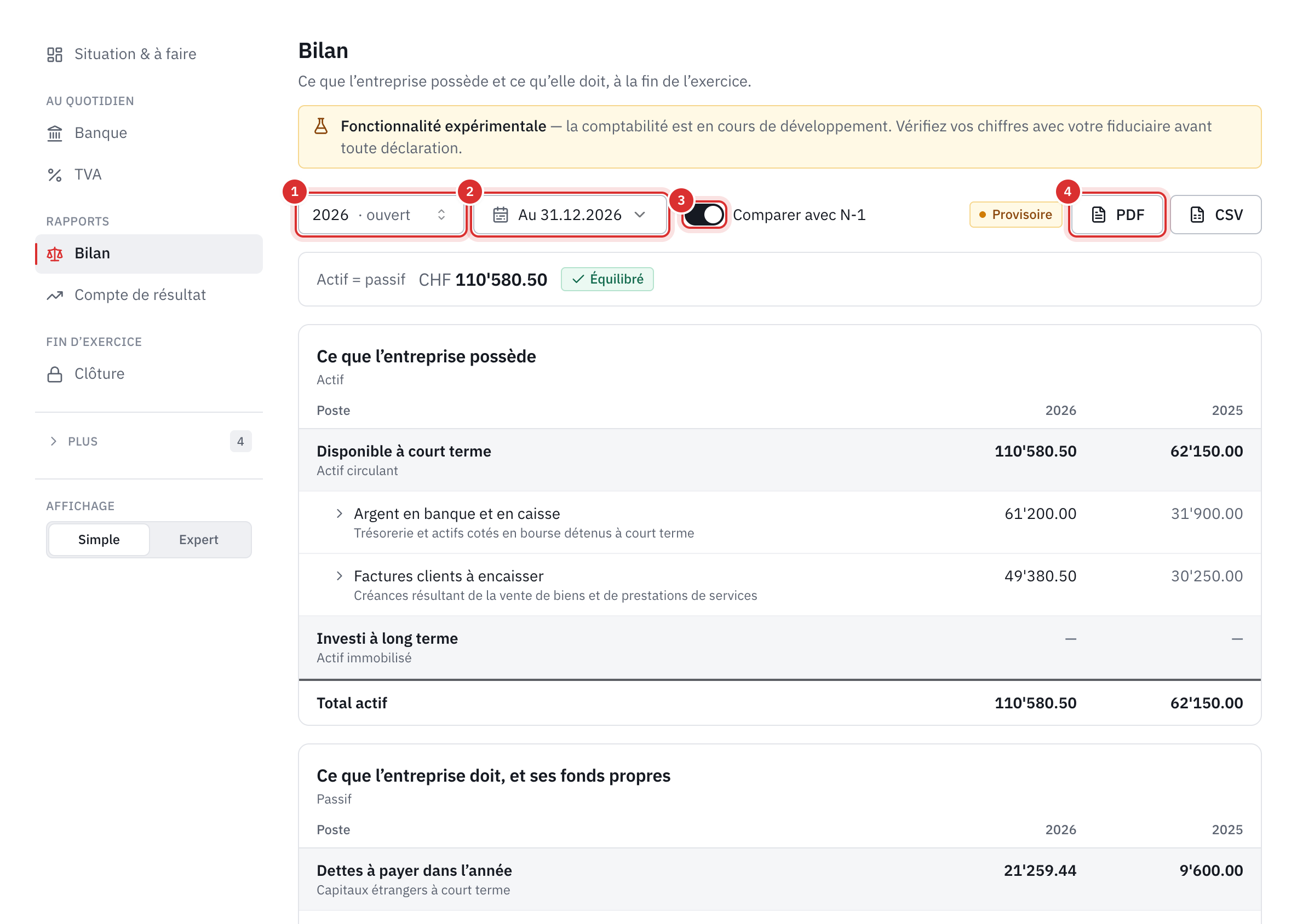 Le bilan : l’exercice, la date, la comparaison avec l’an dernier activée, les boutons PDF et CSV, puis l’actif de 2026 et de 2025.