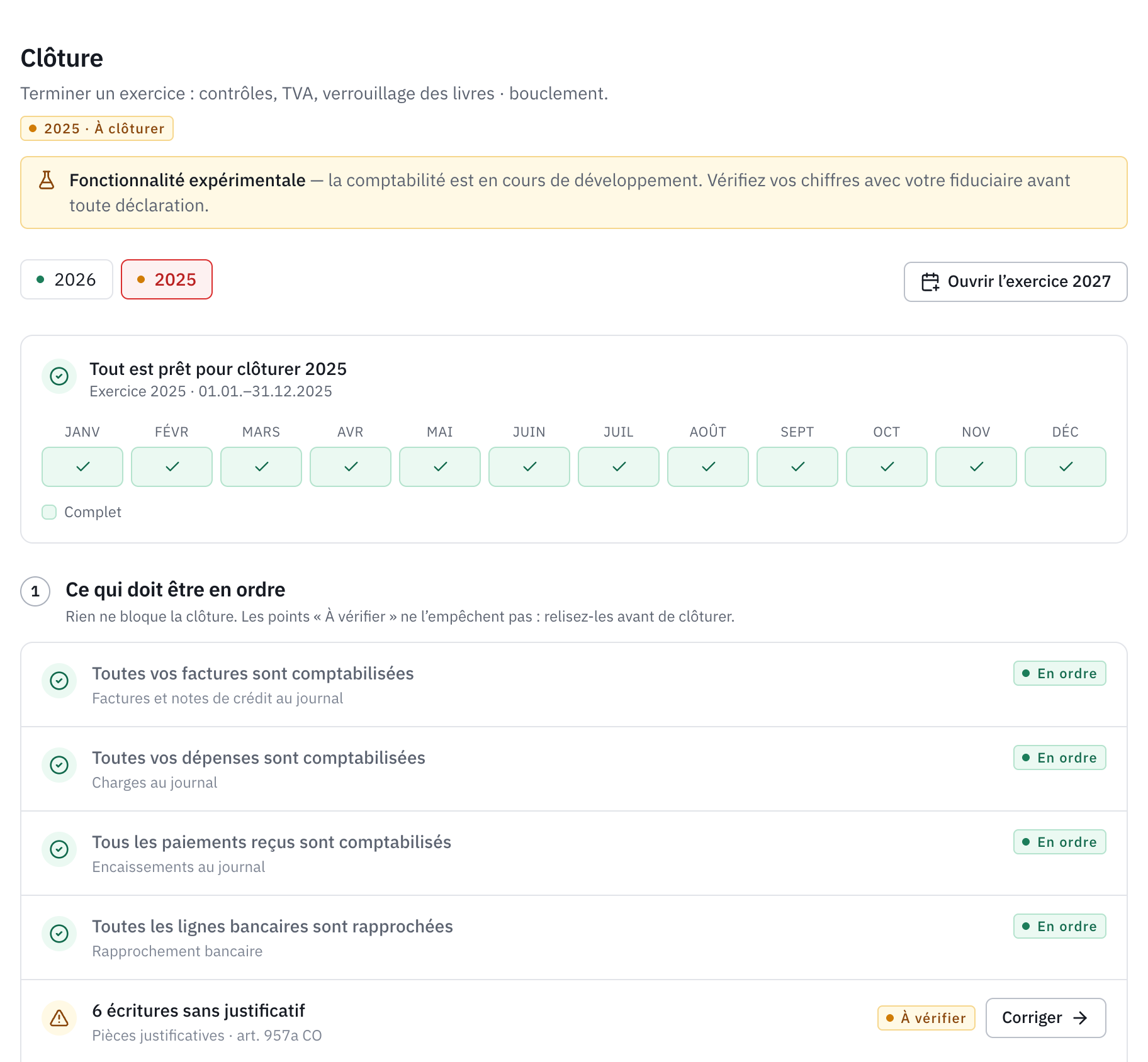 La page Clôture de l’exercice 2025 : Tout est prêt pour clôturer 2025, les douze mois complets et le début de la liste des contrôles.