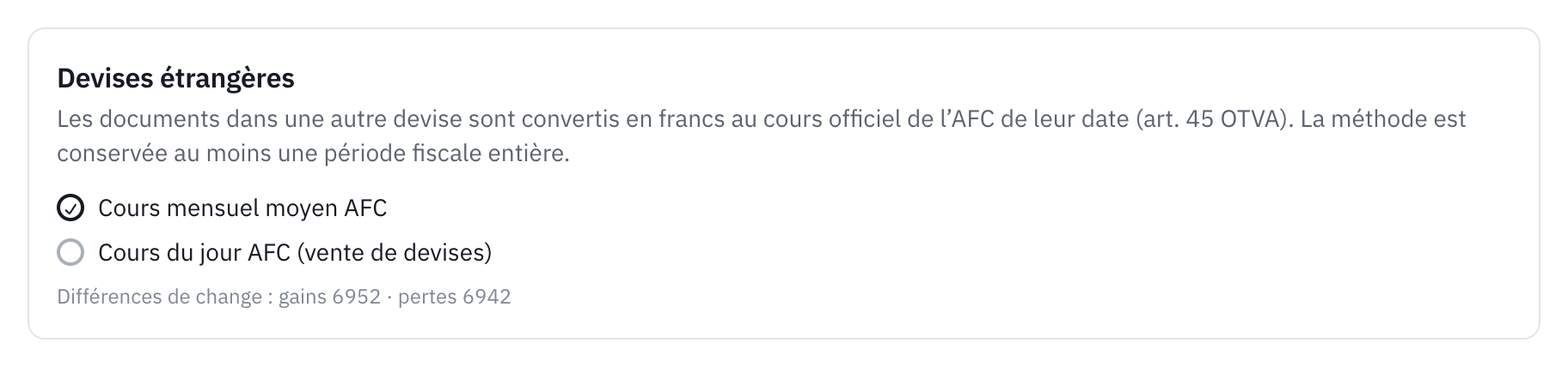 La carte Devises étrangères des réglages : le cours mensuel moyen de l’AFC choisi, le cours du jour en option, et les comptes de différences de change.