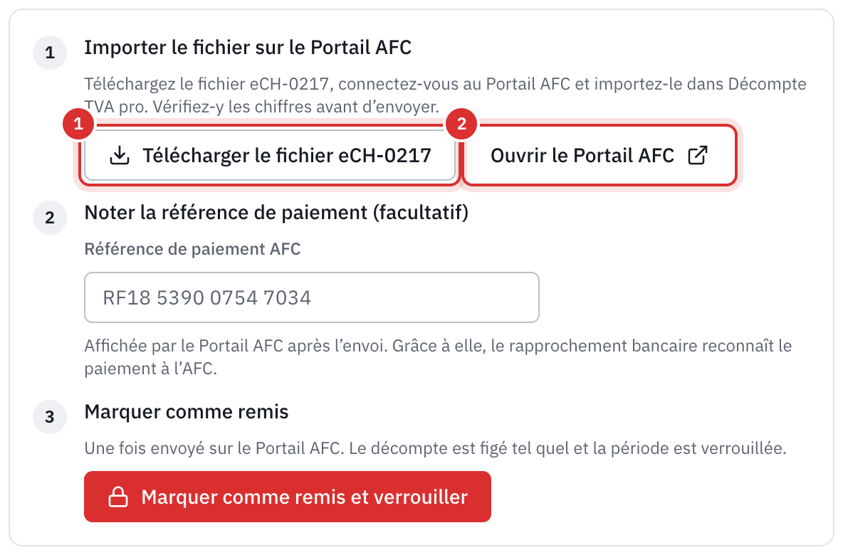 L’étape Importer le fichier sur le Portail AFC, avec les boutons Télécharger le fichier eCH-0217 et Ouvrir le Portail AFC.