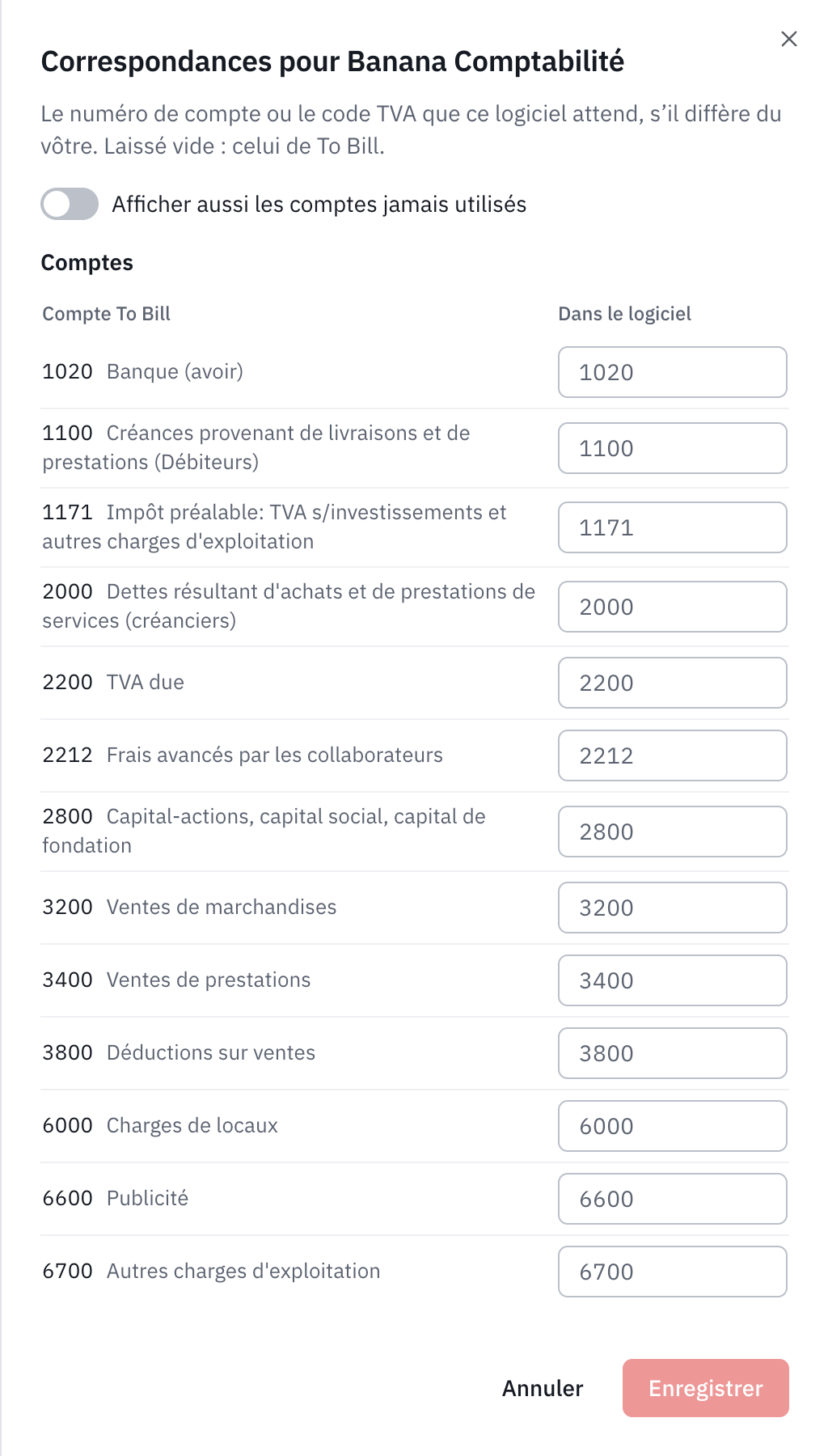 La fenêtre Correspondances pour Banana Comptabilité : les comptes utilisés et les codes TVA, avec la valeur attendue par le logiciel.