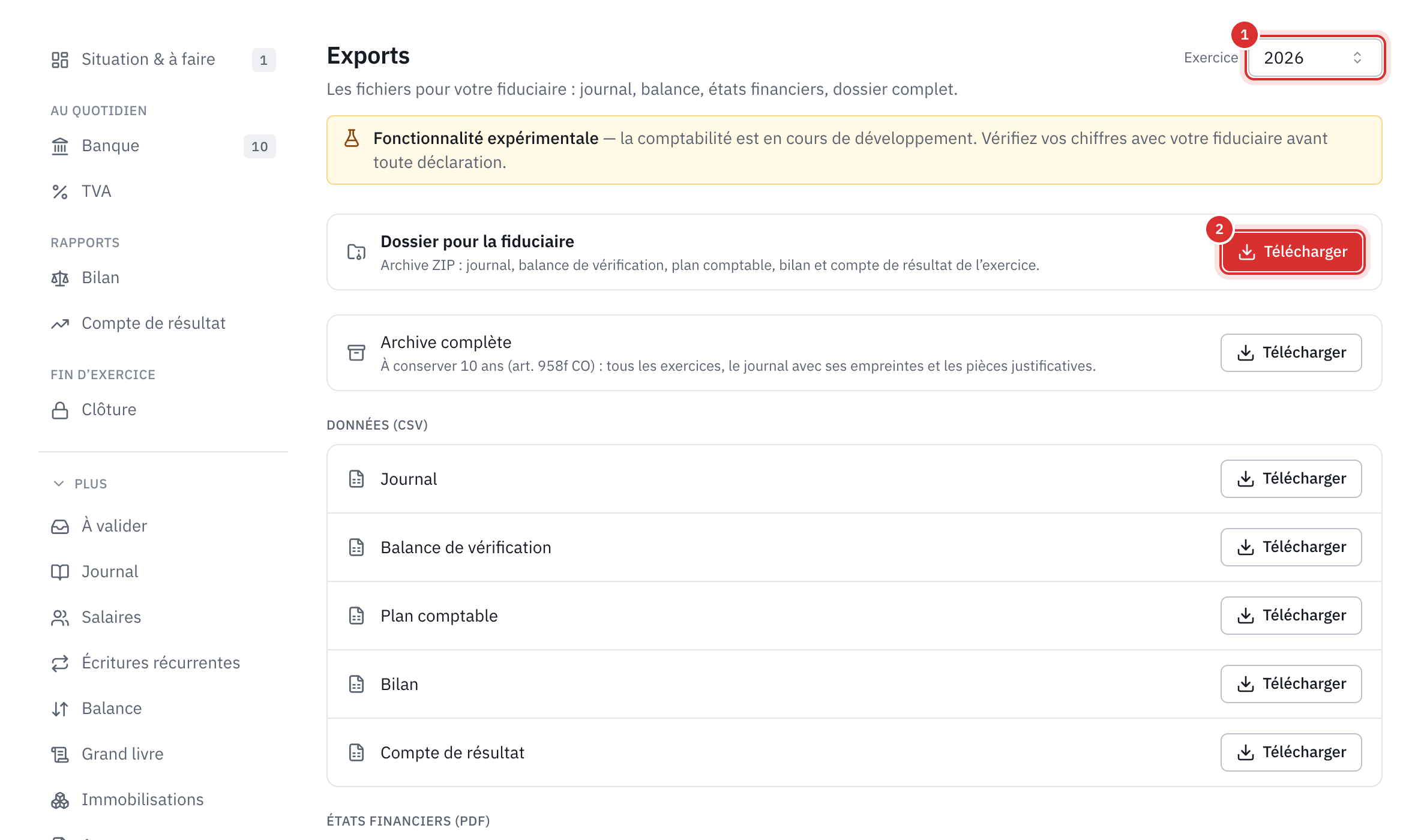 La page Exports : le choix de l’exercice, le dossier pour la fiduciaire, l’archive complète et les données en CSV.