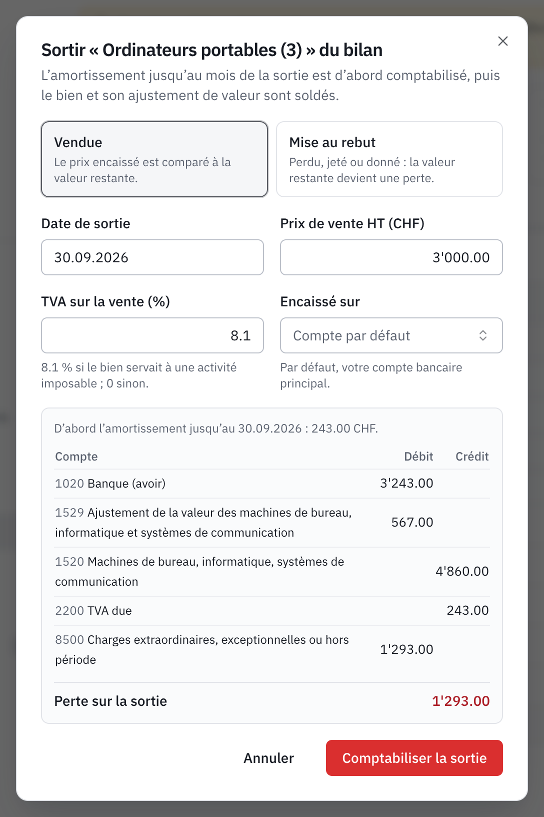 La fenêtre de sortie d’ordinateurs vendus CHF 3’000 HT : l’amortissement jusqu’à la sortie, l’écriture proposée et la perte sur la sortie.