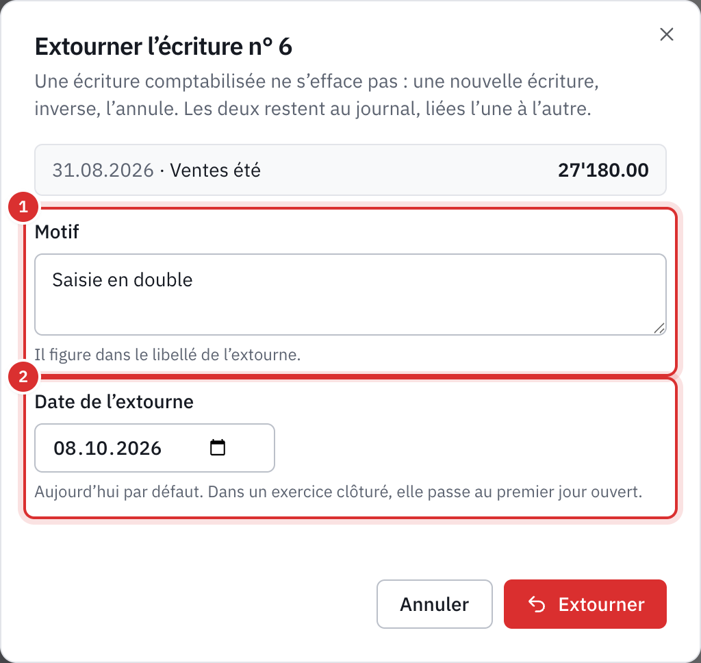 La fenêtre Extourner l’écriture n° 6 : le motif Saisie en double et la date de l’extourne.