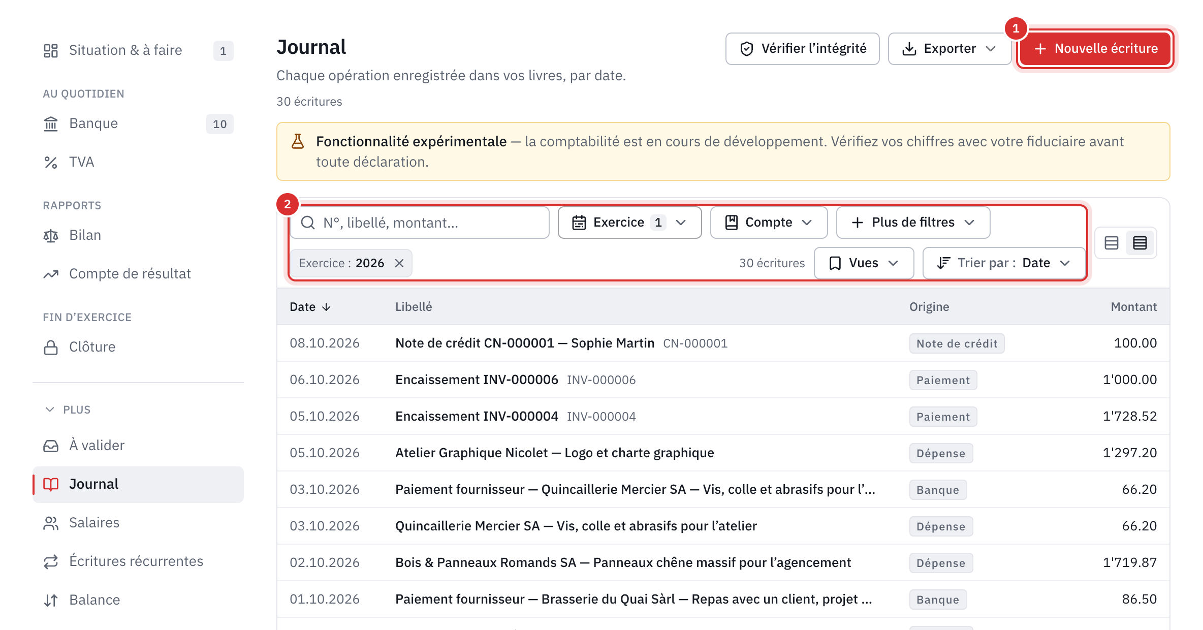 Le journal : le bouton Nouvelle écriture, la barre de recherche et de filtres, puis les écritures avec leur origine et leur montant.