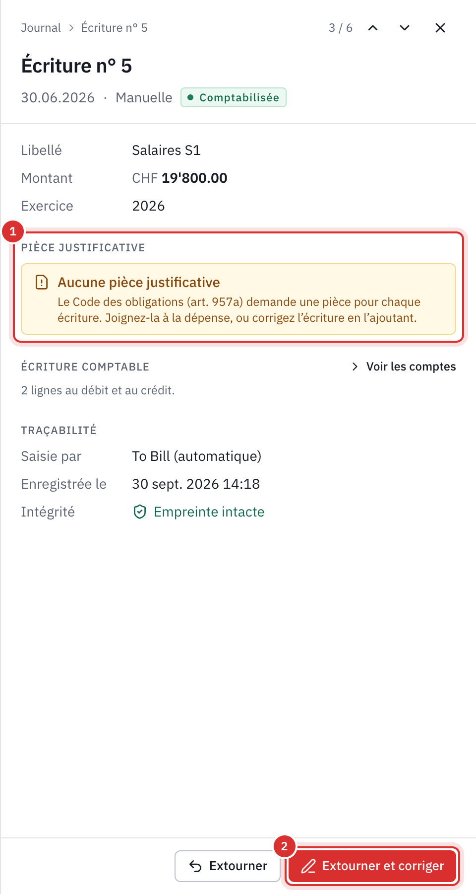 Une écriture manuelle sans pièce : le panneau affiche Aucune pièce justificative et le bouton Extourner et corriger.