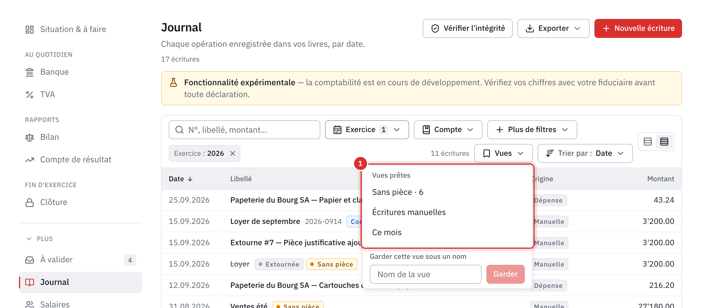 Le menu Vues du journal ouvert : Sans pièce, six écritures, puis Écritures manuelles et Ce mois.