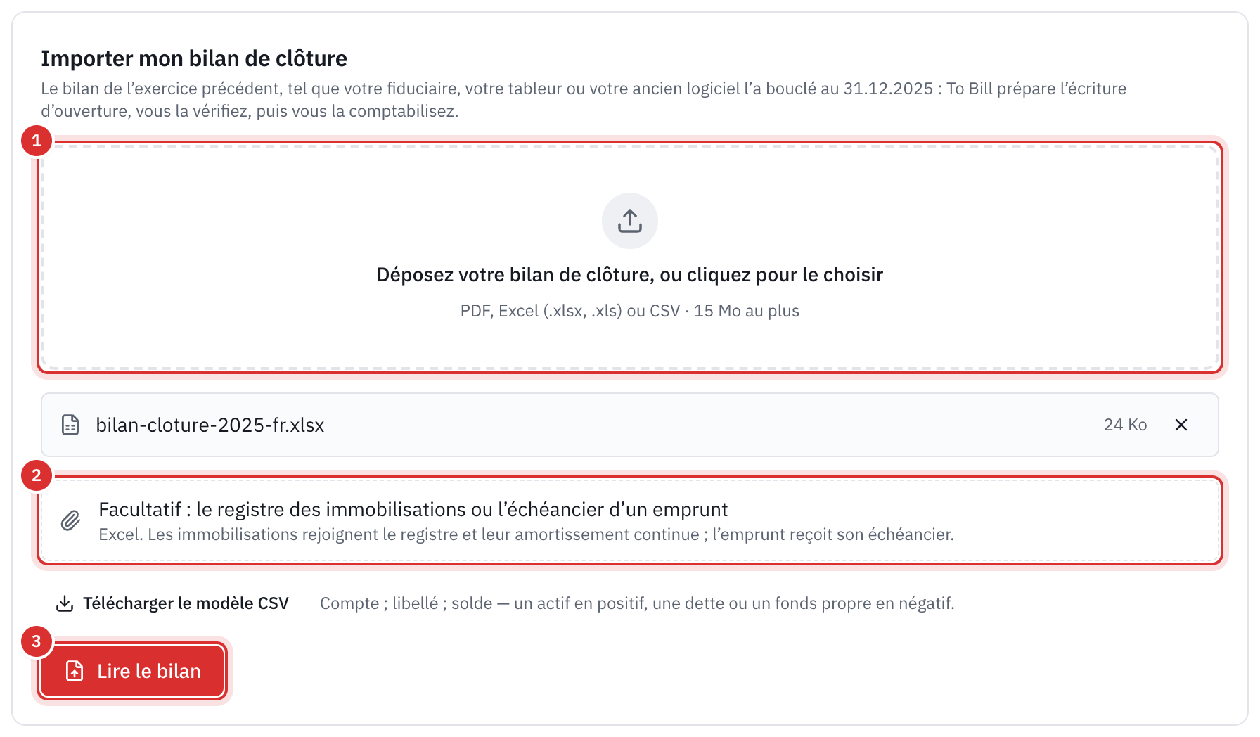 Le cadre Importer mon bilan de clôture : le fichier du bilan choisi, le cadre facultatif du registre des immobilisations ou de l’échéancier d’emprunt, et le bouton Lire le bilan.