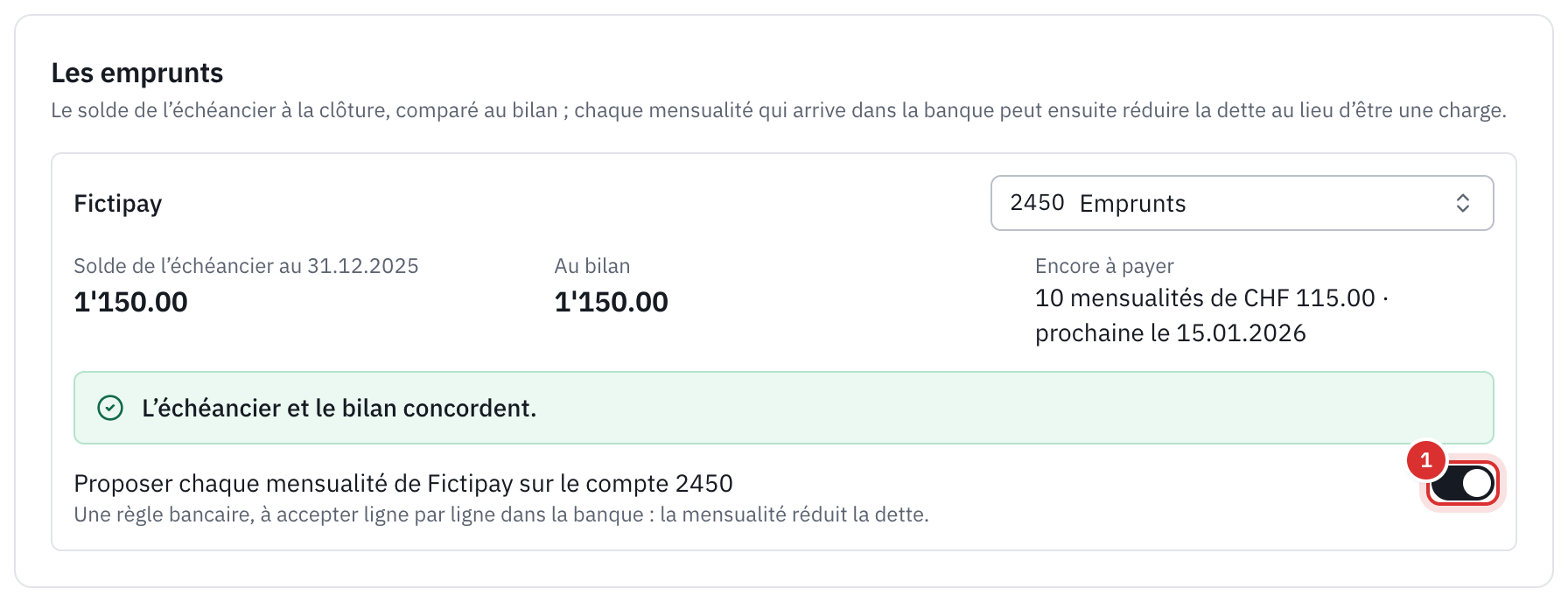 La section Les emprunts : le solde de l’échéancier et celui du bilan, qui concordent, les dix mensualités encore à payer et la règle bancaire proposée.