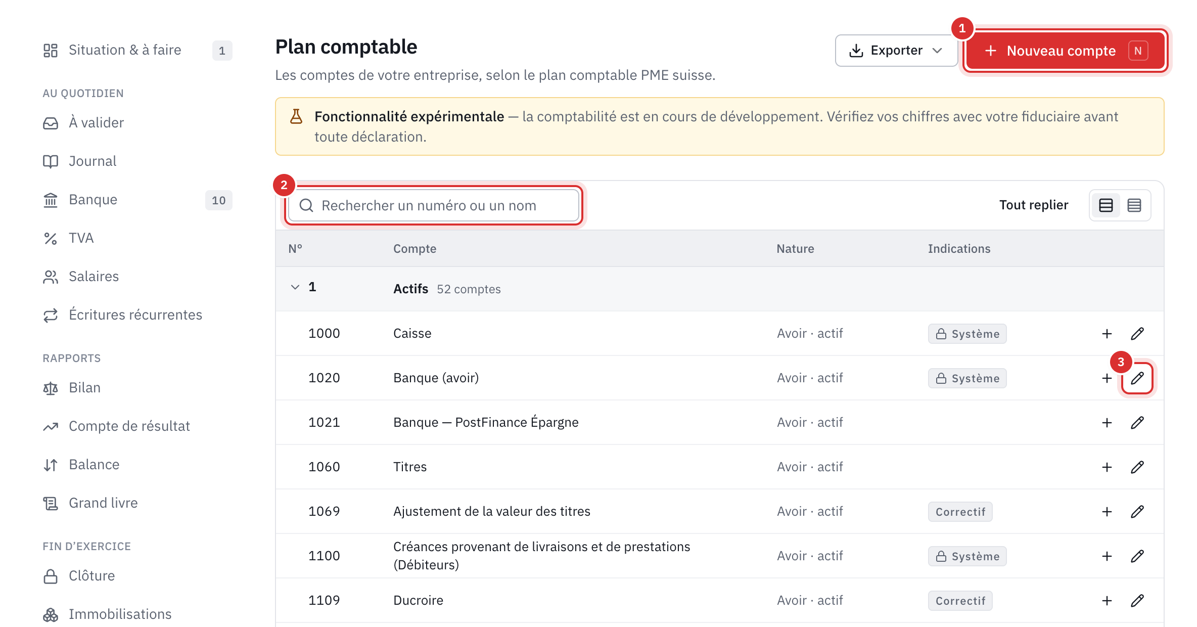 Le plan comptable : les comptes de la classe 1 avec leur nature et leurs indications, le bouton Nouveau compte et la recherche.