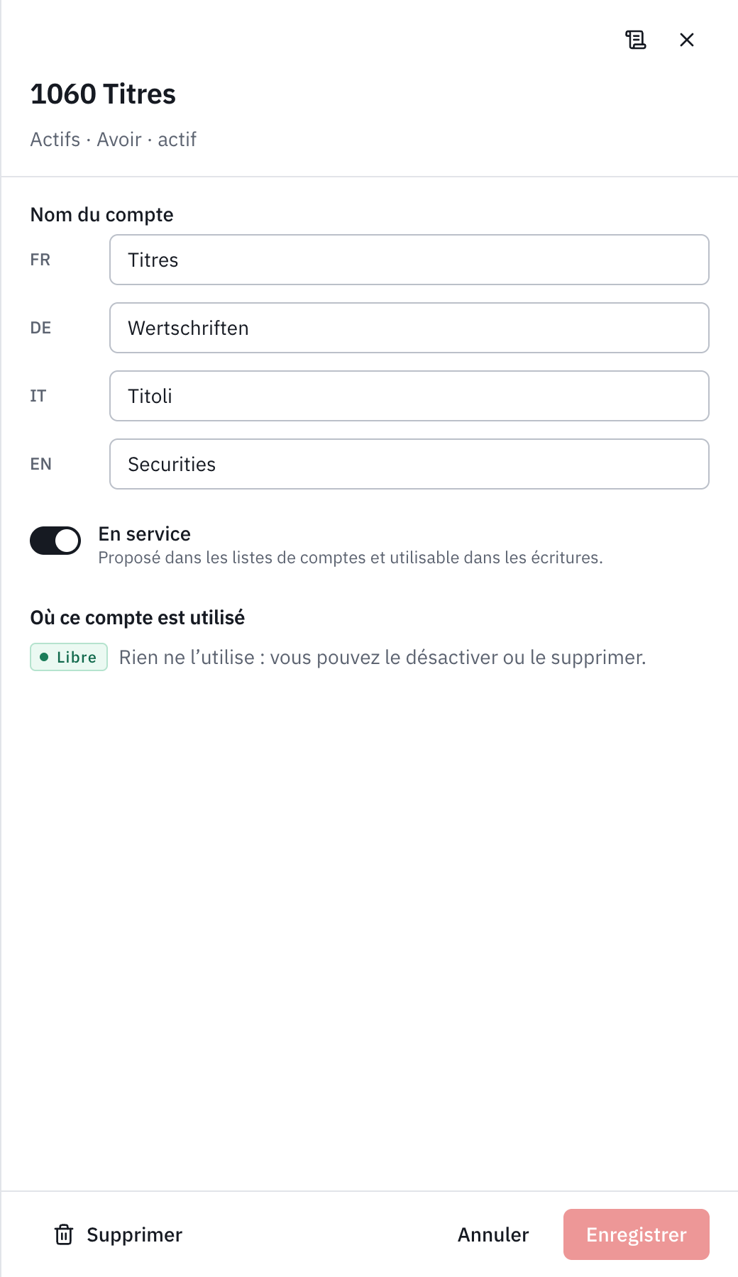 La fenêtre du compte 1060 Titres : ses noms en quatre langues, l’interrupteur En service, et Où ce compte est utilisé, libre.