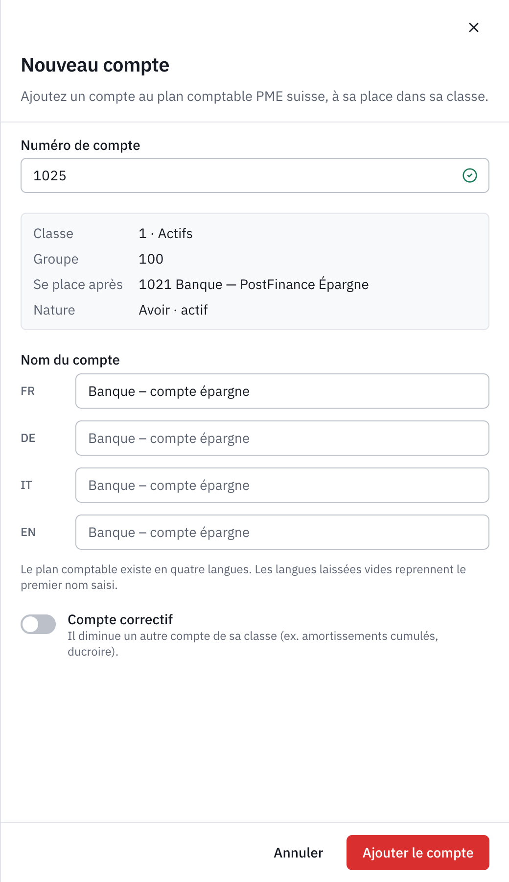 La fenêtre Nouveau compte : le numéro 1025, sa place après 1020 Banque, et le nom Banque – compte épargne.