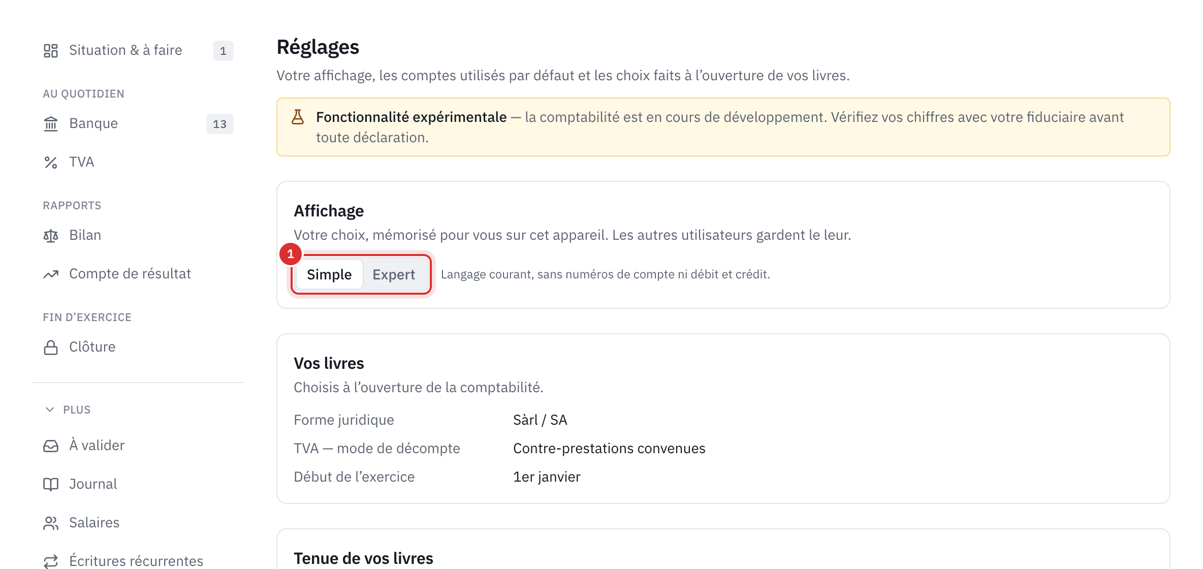 Le haut des réglages : le choix d’affichage Simple ou Expert, puis la forme juridique, le mode de décompte de la TVA et le début de l’exercice.