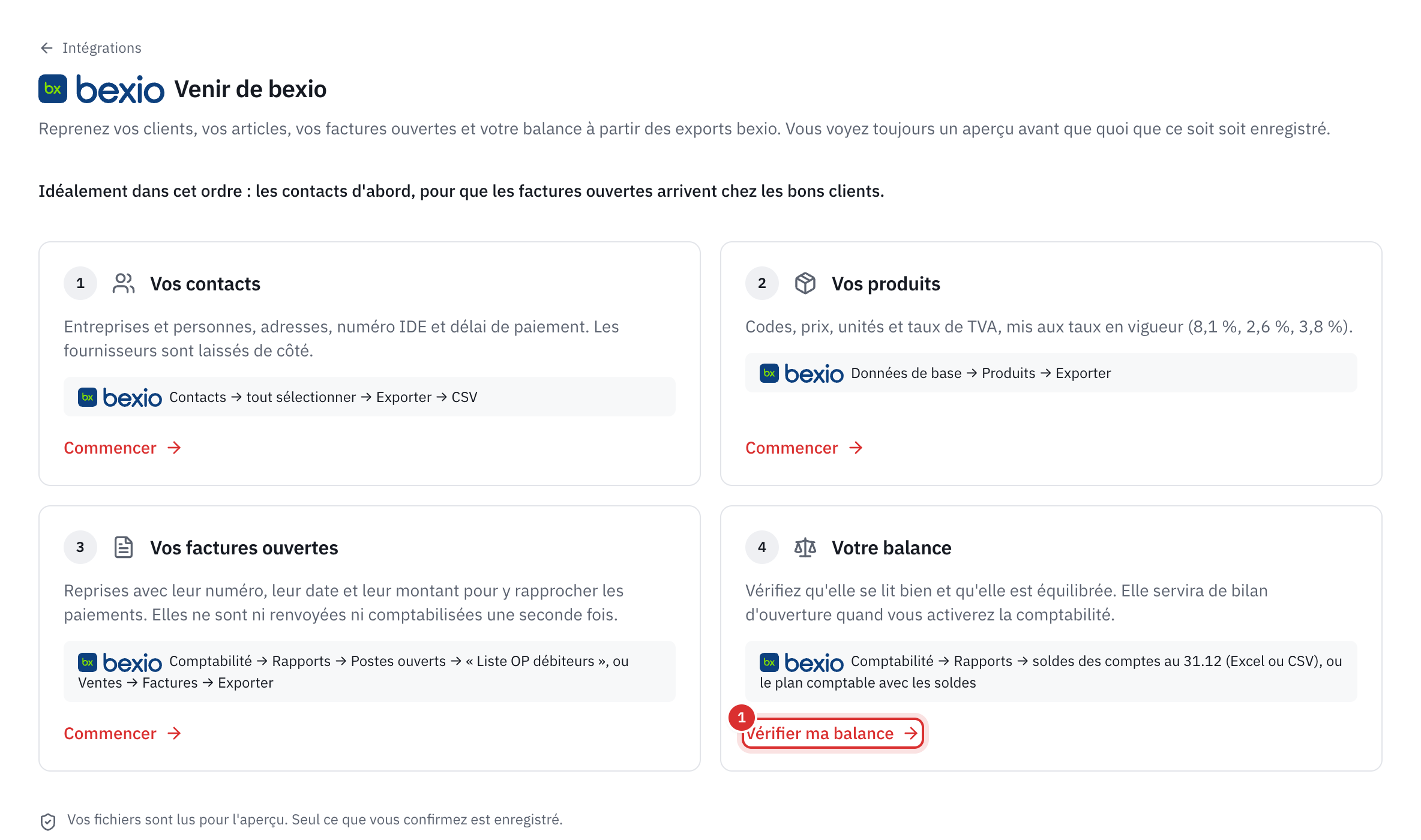 La page Venir de bexio : les contacts, les produits, les factures ouvertes et la balance, chacun avec son chemin d’export dans bexio.