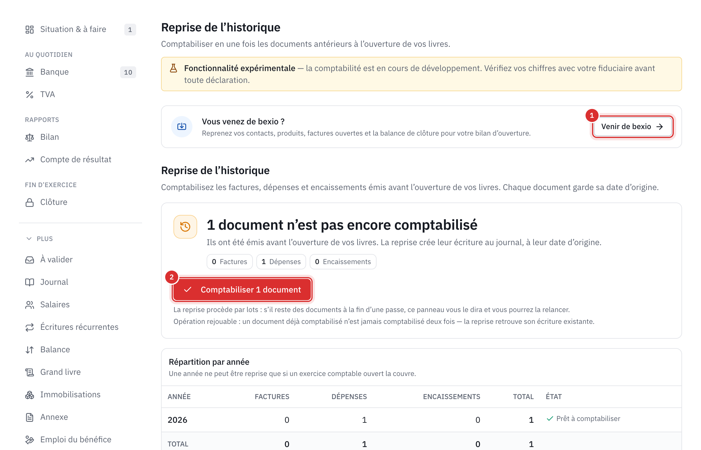 La page Reprise de l’historique : le lien Venir de bexio, un document pas encore comptabilisé, le bouton Comptabiliser 1 document et la répartition par année.