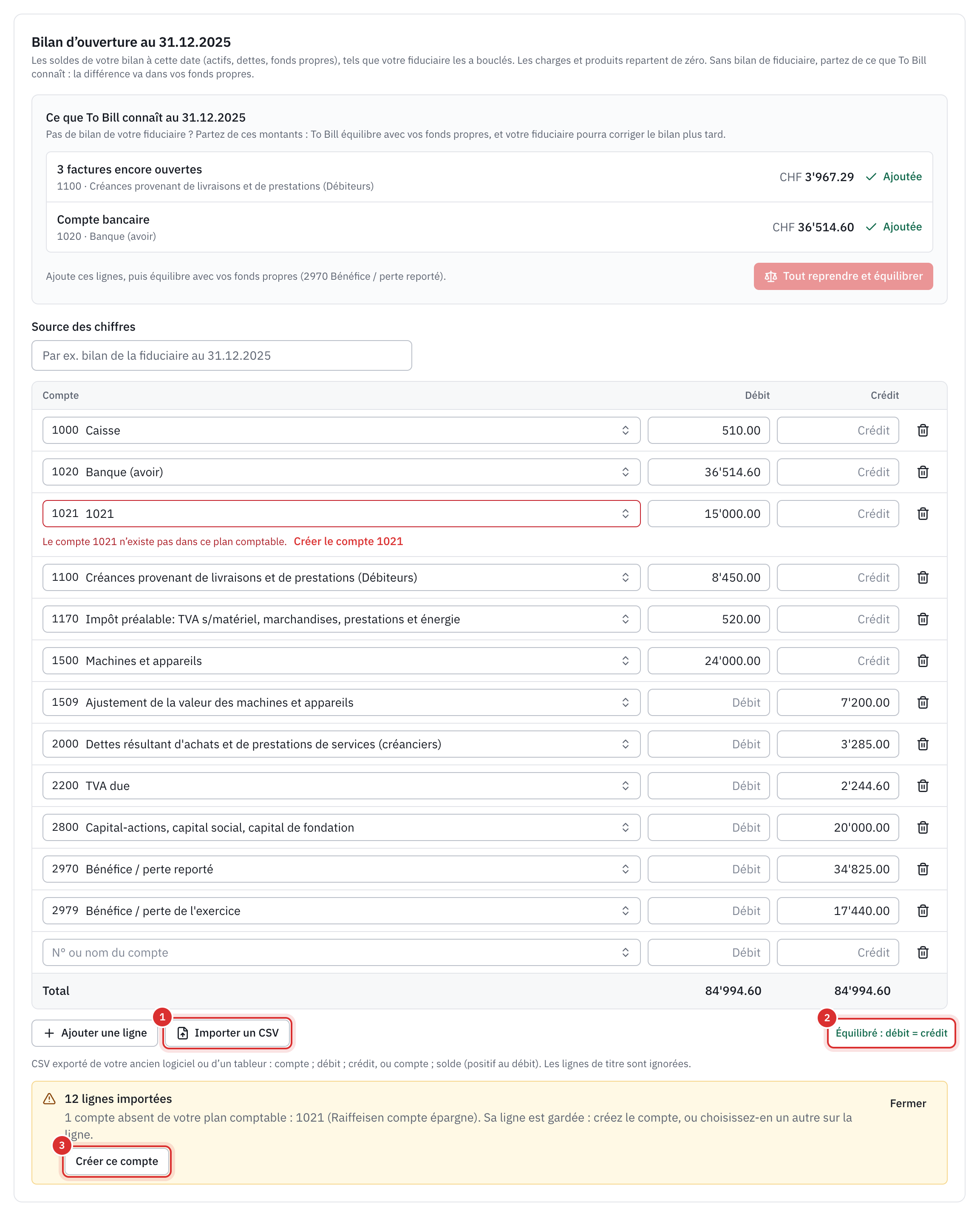 Le bilan d’ouverture importé : une ligne par compte, équilibré, la ligne du compte 1021 signalée comme absente du plan comptable, et le message avec le bouton Créer ce compte.