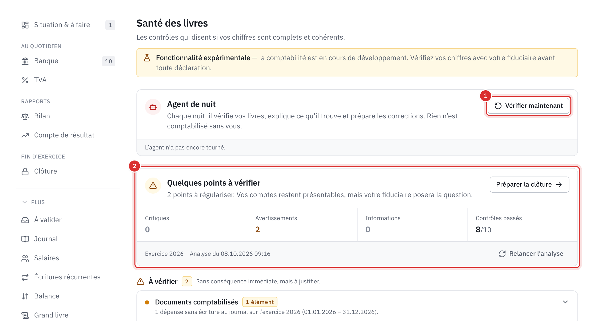 La page Santé des livres : l’agent de nuit avec Vérifier maintenant, puis le diagnostic Quelques points à vérifier avec ses compteurs.